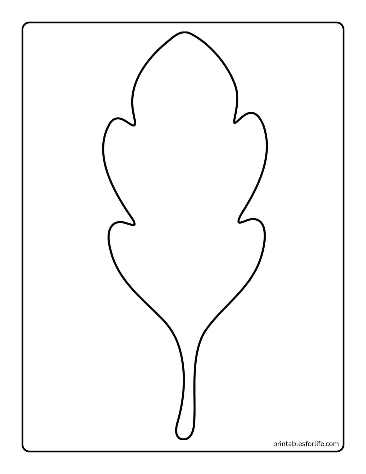 A tall vertical black-and-white outline of a stylized leaf shape centered on a bordered rectangular page for coloring.