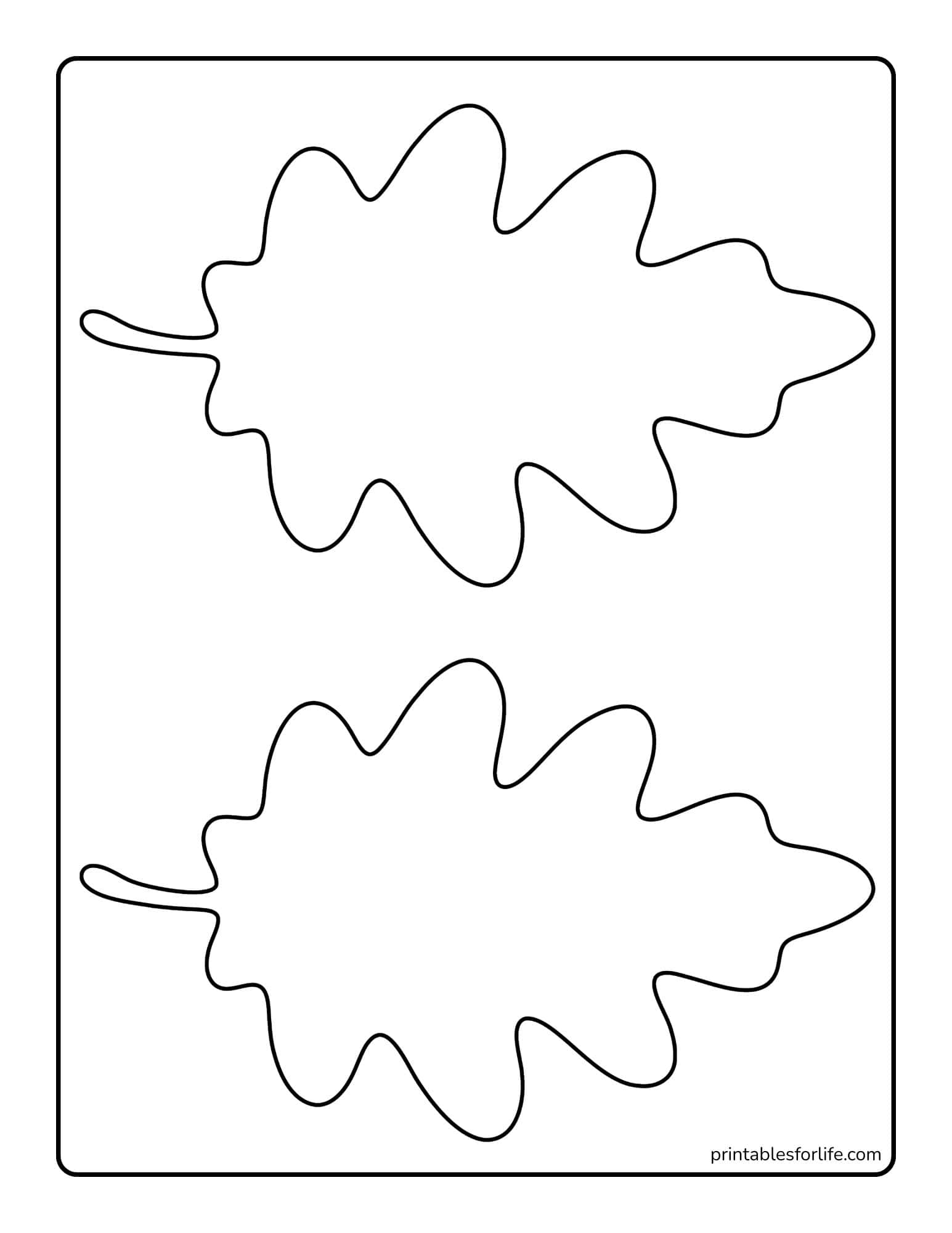 Black outlined abstract splat shapes arranged vertically on a white rectangular page with rounded border.
