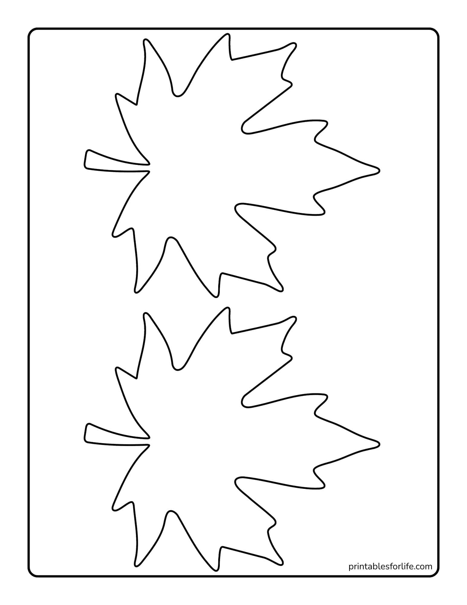 Black outline of three large maple leaf shapes arranged vertically on a white rectangular page with a thin rounded border.