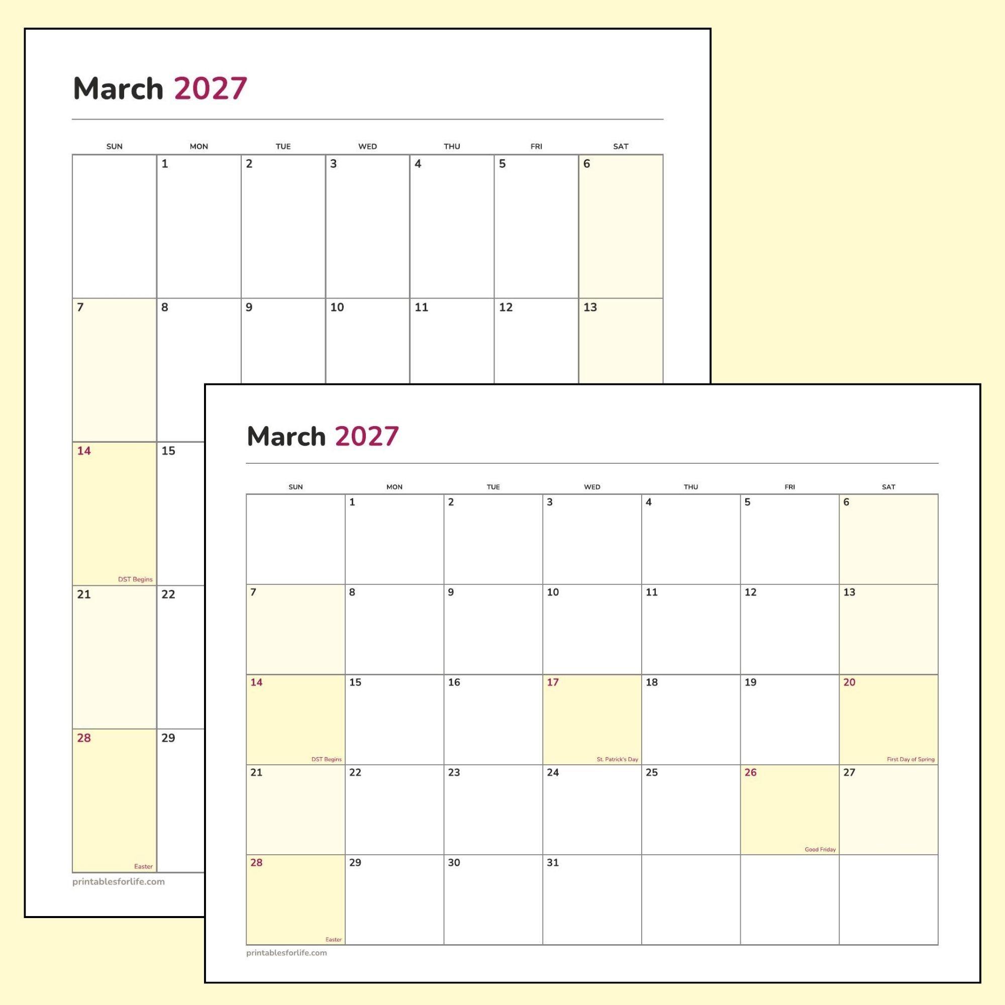 March 2027 printable calendar featured image showing the portrait and landscape layouts, with Daylight Saving, St. Patrick's Day, the first day of spring, Good Friday and Easter marked.