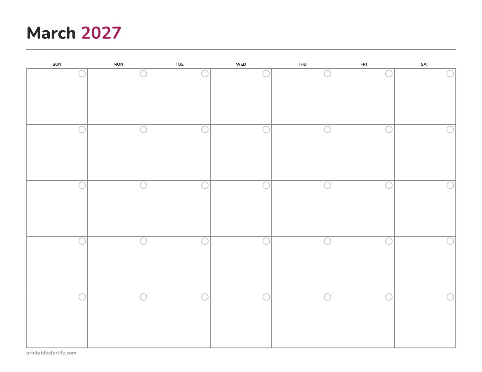 Blank undated March 2027 calendar printable with a circle in each cell for the date, landscape, Sunday start.