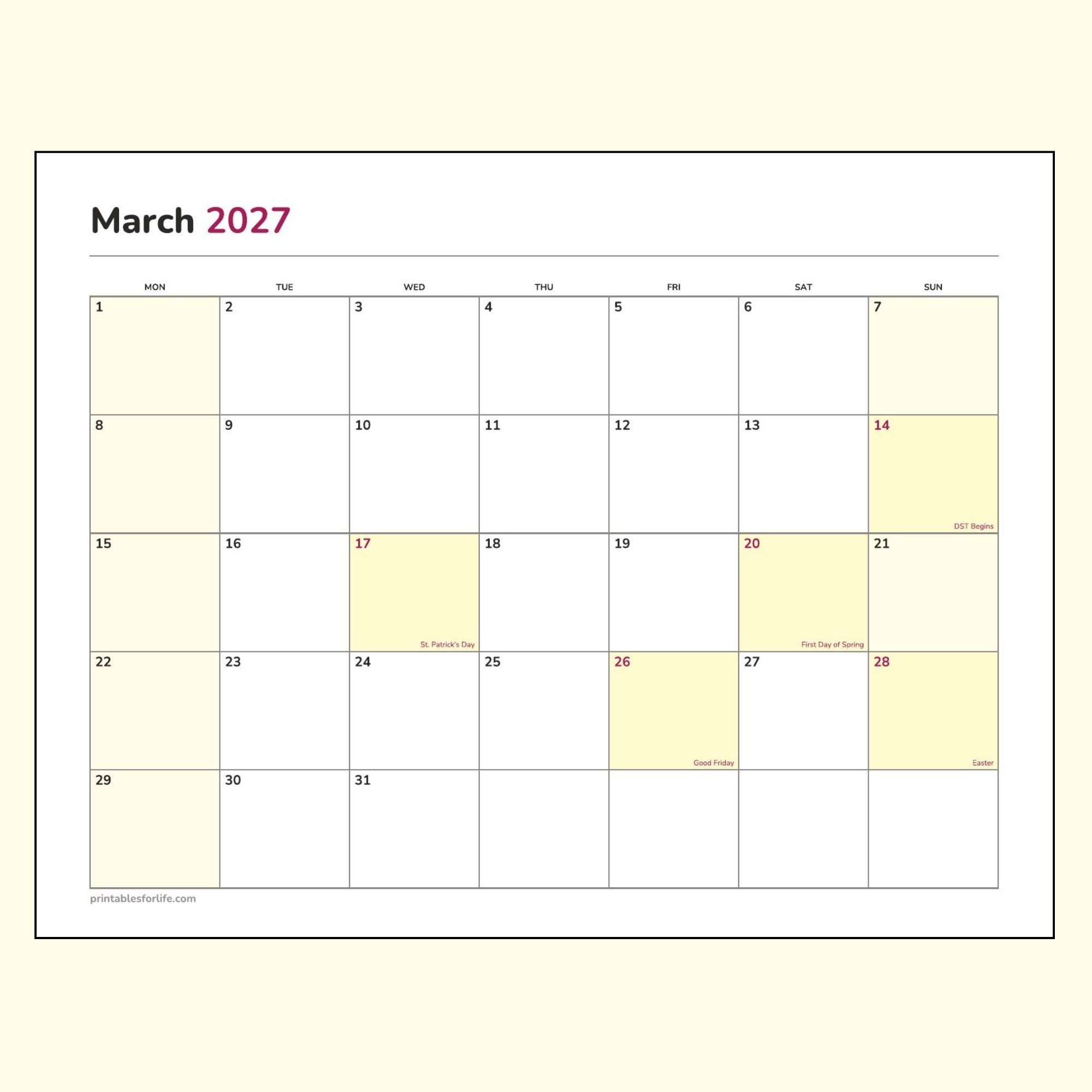 March 2027 calendar printable preview, landscape layout, Monday-start week, Daylight Saving, St. Patrick's Day, the first day of spring, Good Friday and Easter marked.