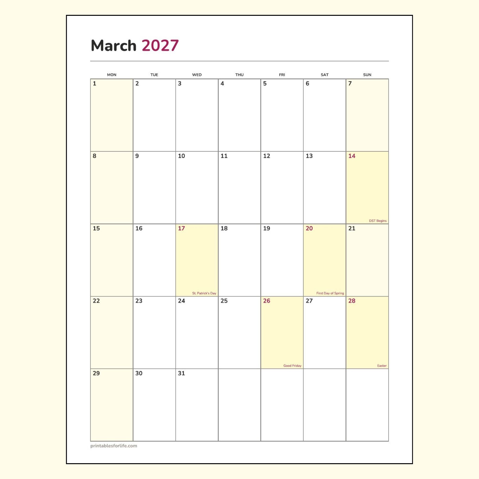 March 2027 calendar printable preview, portrait layout, Monday-start week, Daylight Saving, St. Patrick's Day, the first day of spring, Good Friday and Easter marked.
