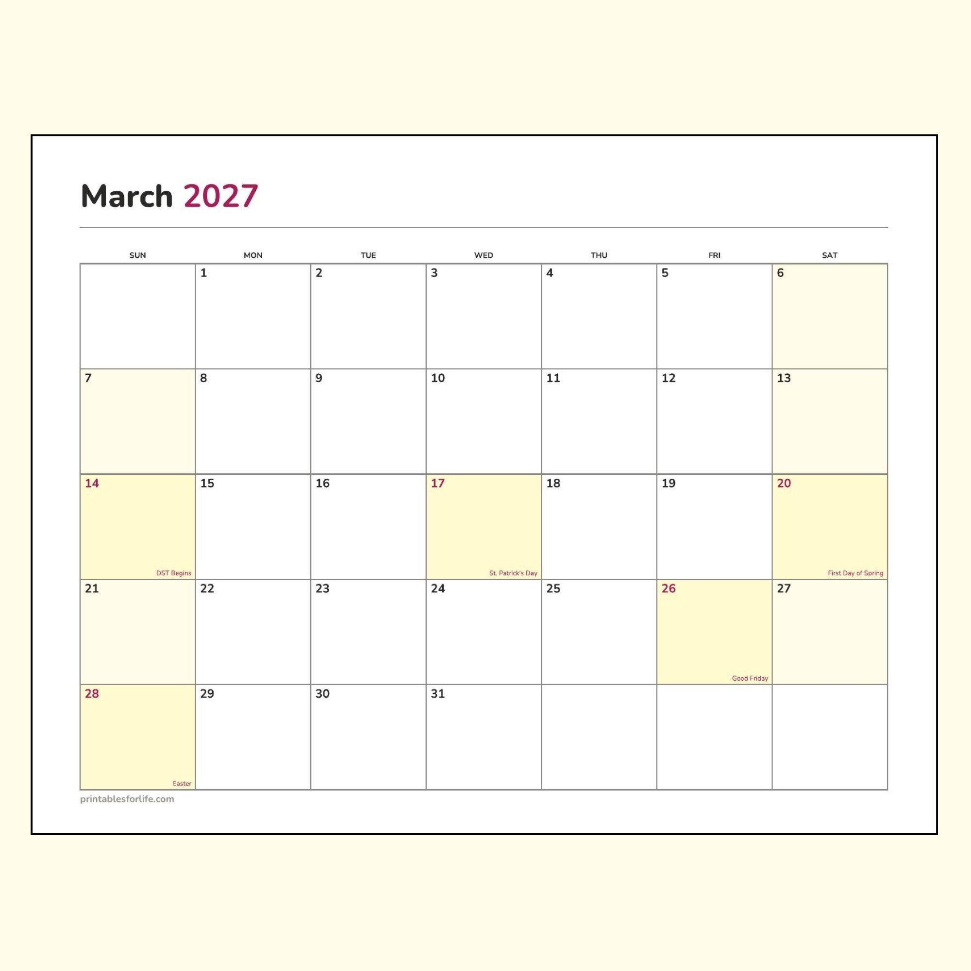 March 2027 calendar printable preview, landscape layout, Sunday-start week, Daylight Saving, St. Patrick's Day, the first day of spring, Good Friday and Easter marked.