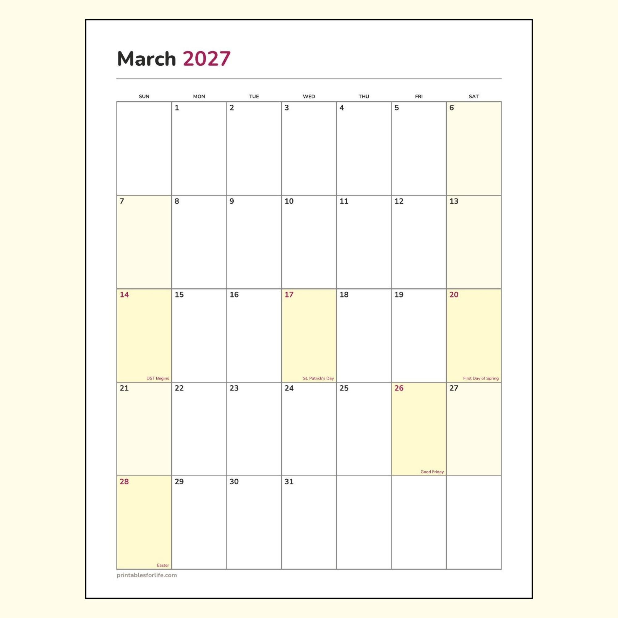March 2027 calendar printable preview, portrait layout, Sunday-start week, Daylight Saving, St. Patrick's Day, the first day of spring, Good Friday and Easter marked.