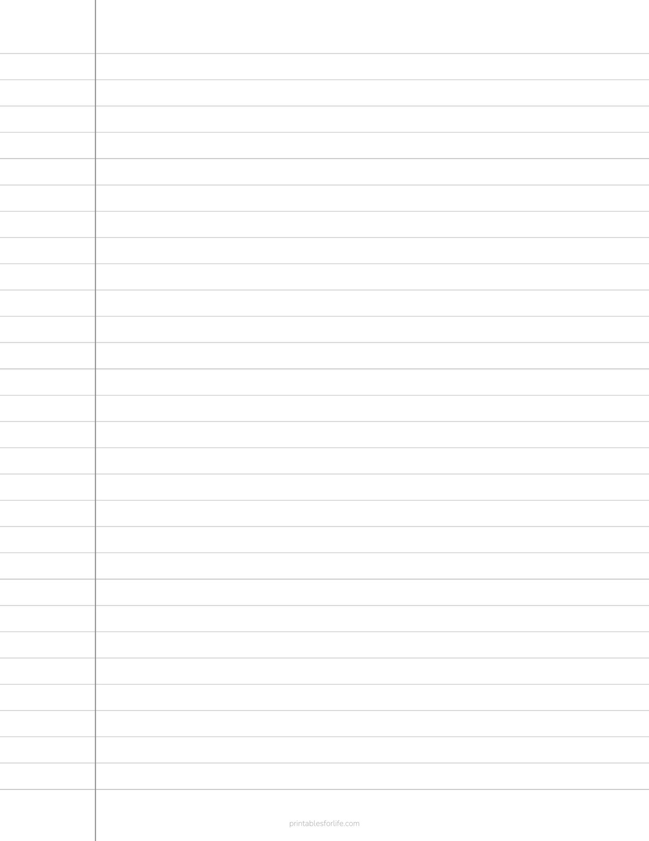 Blank vertical notebook page with narrow left margin and evenly spaced faint gray horizontal ruled lines on white background.