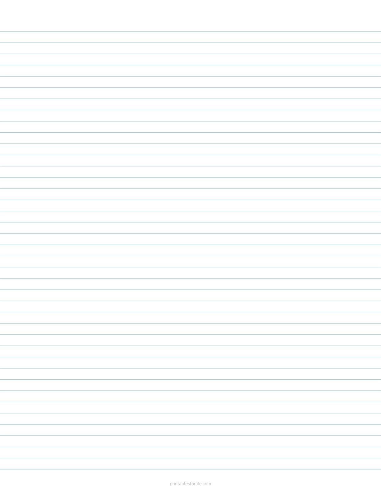Portrait sheet of white wide-ruled notebook paper with evenly spaced light blue horizontal lines and a subtle left margin.