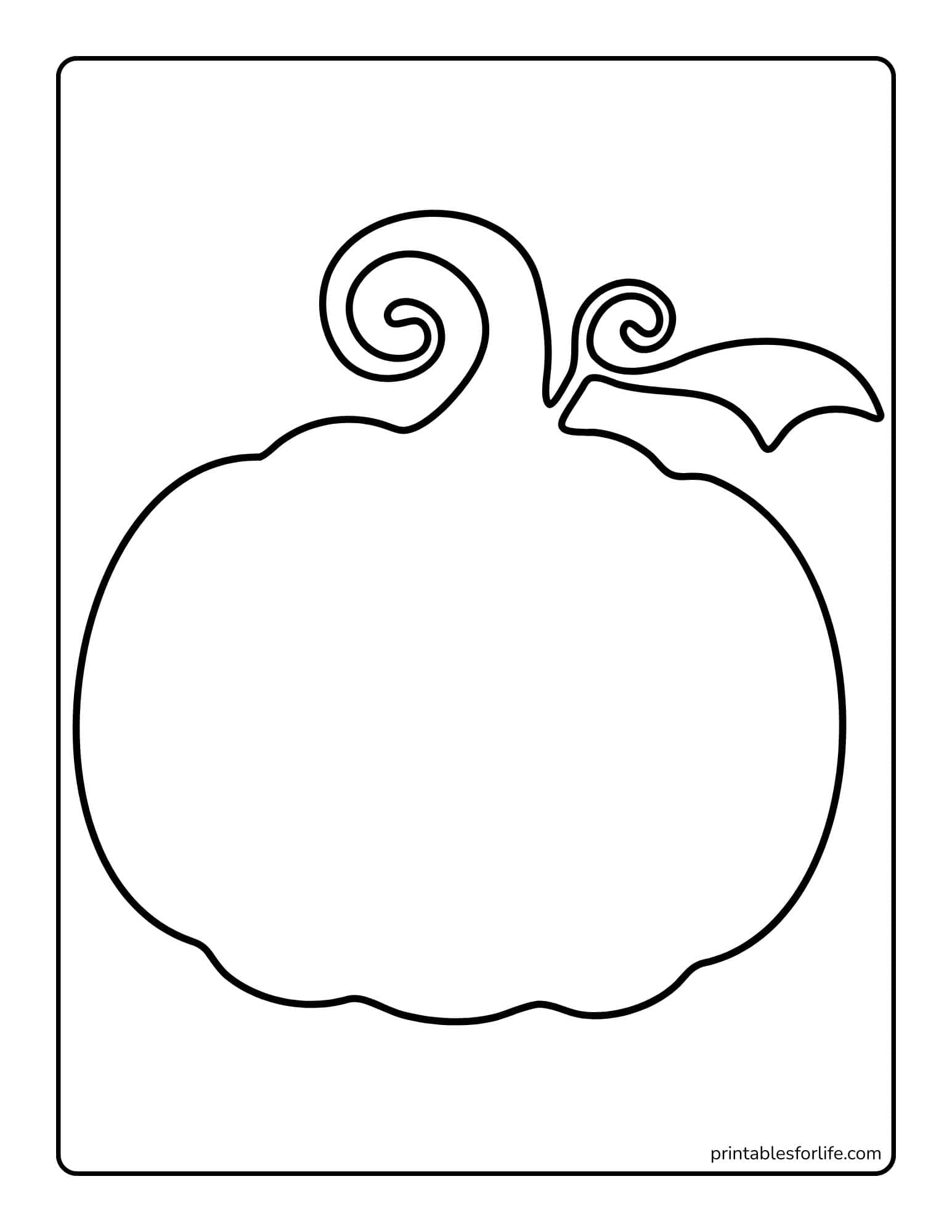 Simple black-and-white pumpkin coloring page with a large round pumpkin, curly stem, and leaf inside a bordered frame.