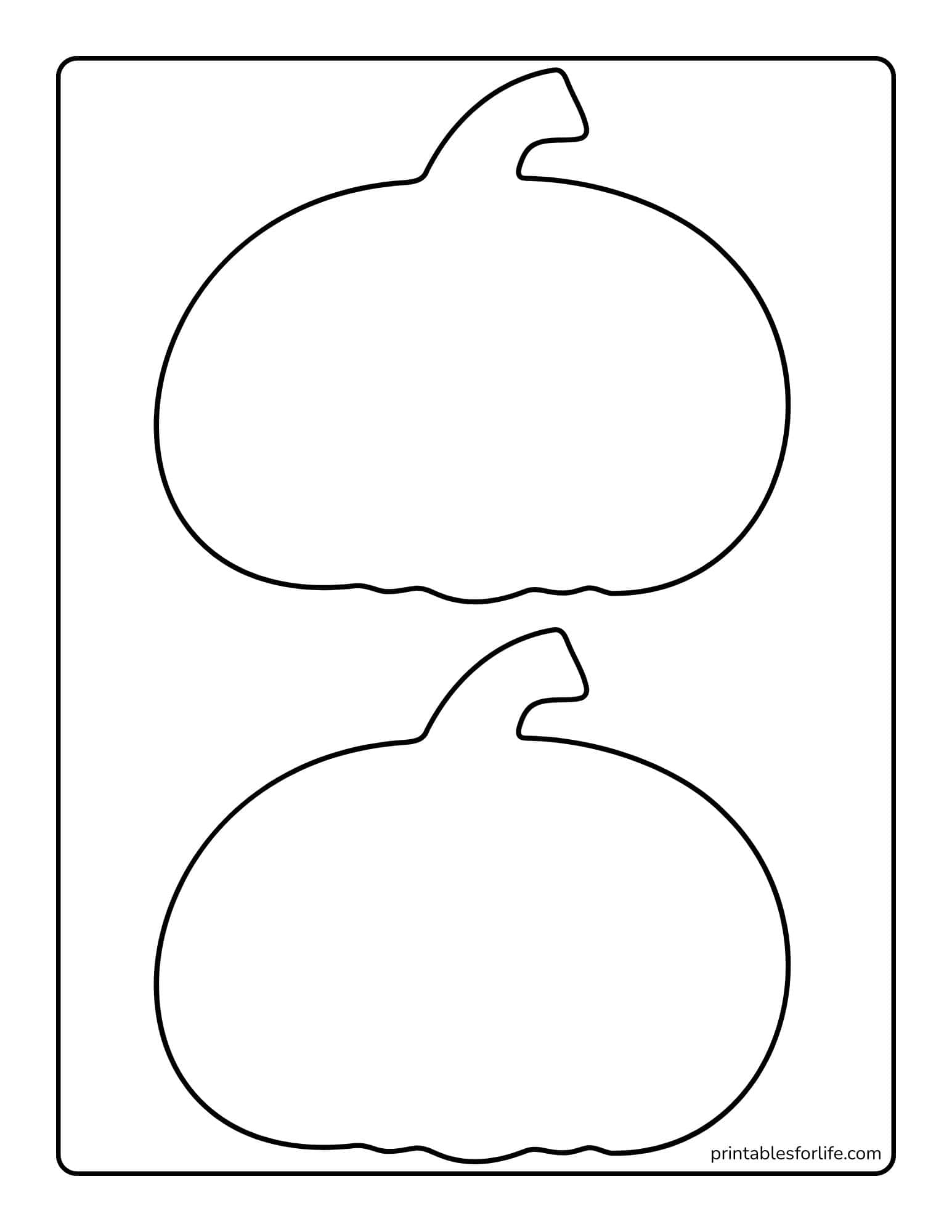 Two large simple pumpkin outlines with stems stacked vertically on a white rectangular page with rounded border.