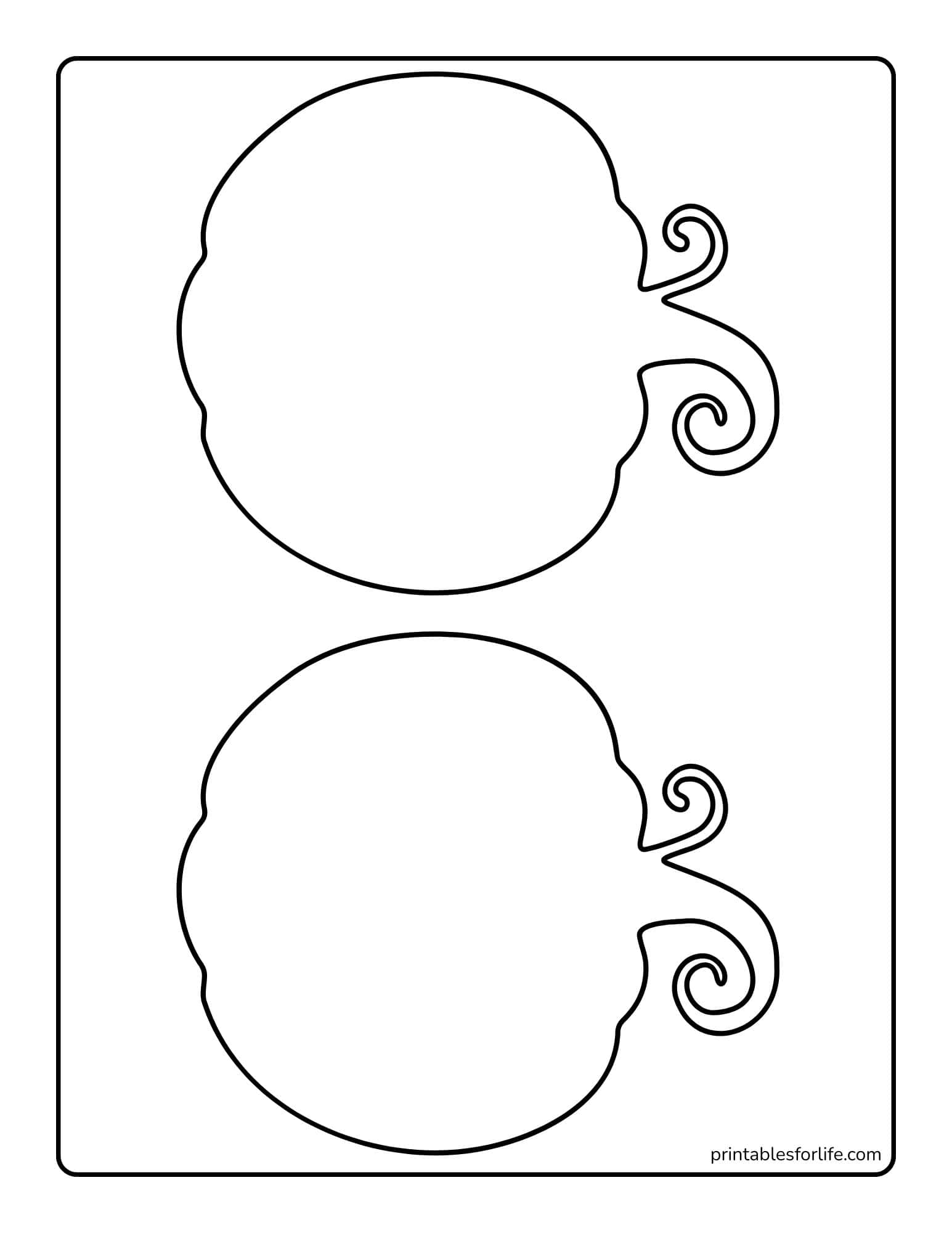 Three stacked blank pumpkin-shaped coloring outlines with curly stems inside a rounded-rectangle border on a white background.