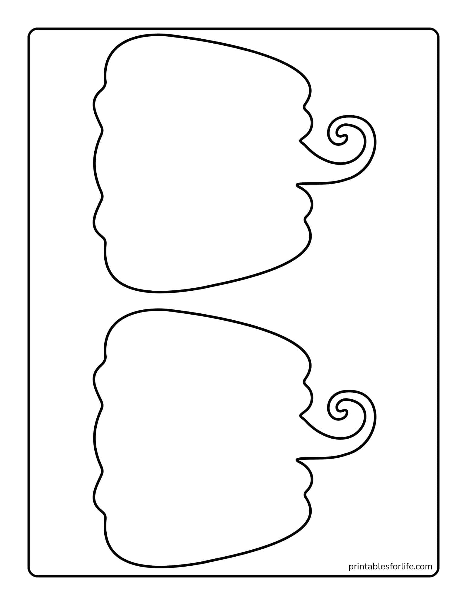 Two vertically stacked blank cotton candy-shaped speech bubble outlines with curled tails on a white page, thin black border.