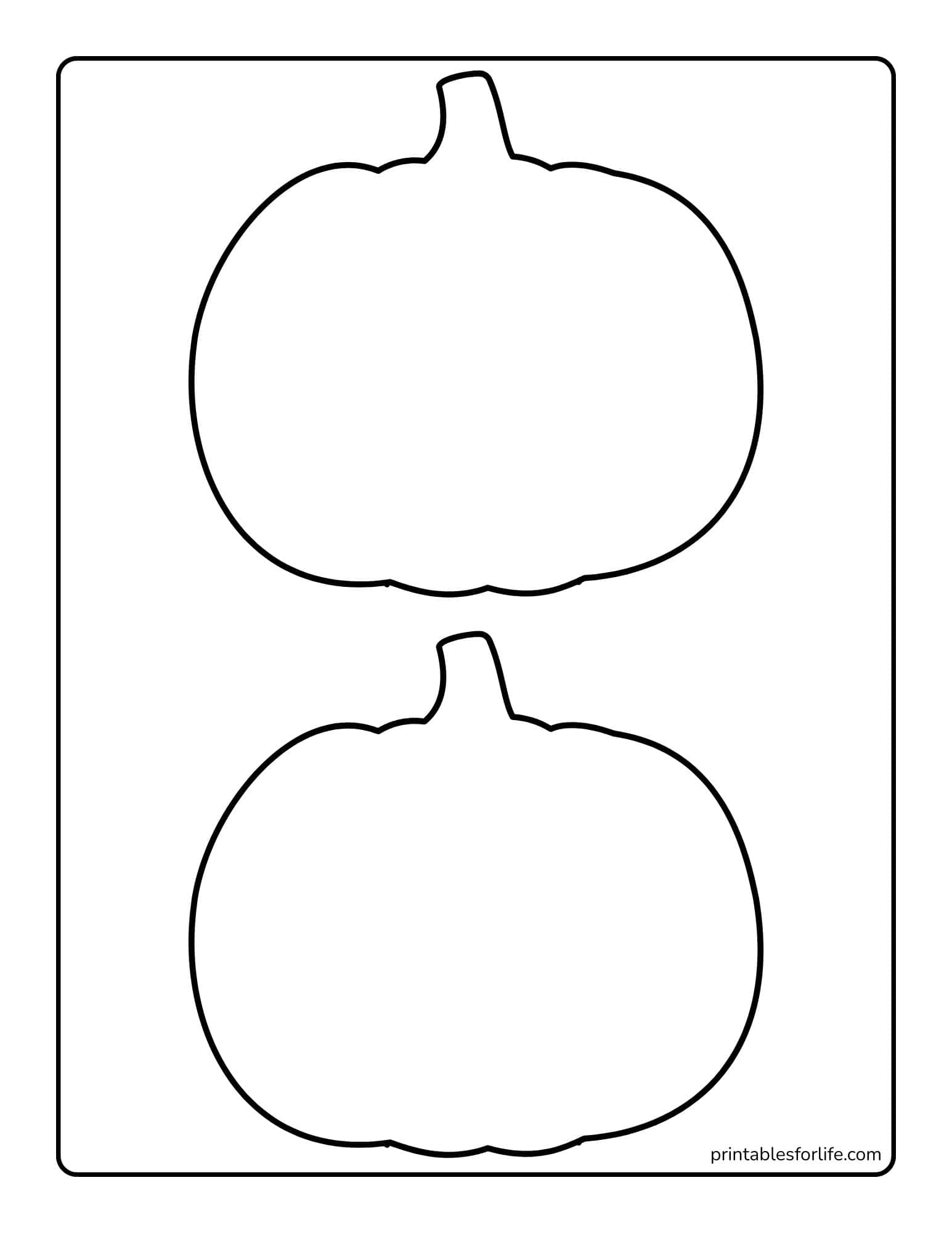 Two large blank pumpkin outlines stacked vertically on a white rectangular coloring page with rounded border.