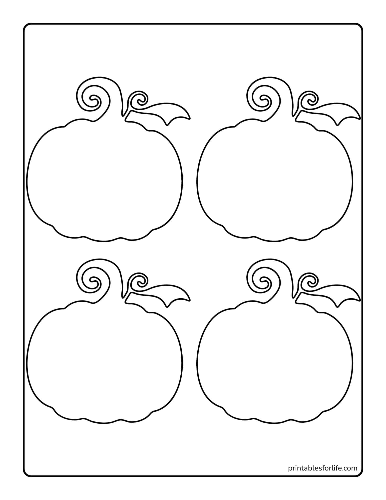 Black outline worksheet with four large blank pumpkin shapes arranged in two rows for coloring or labeling.