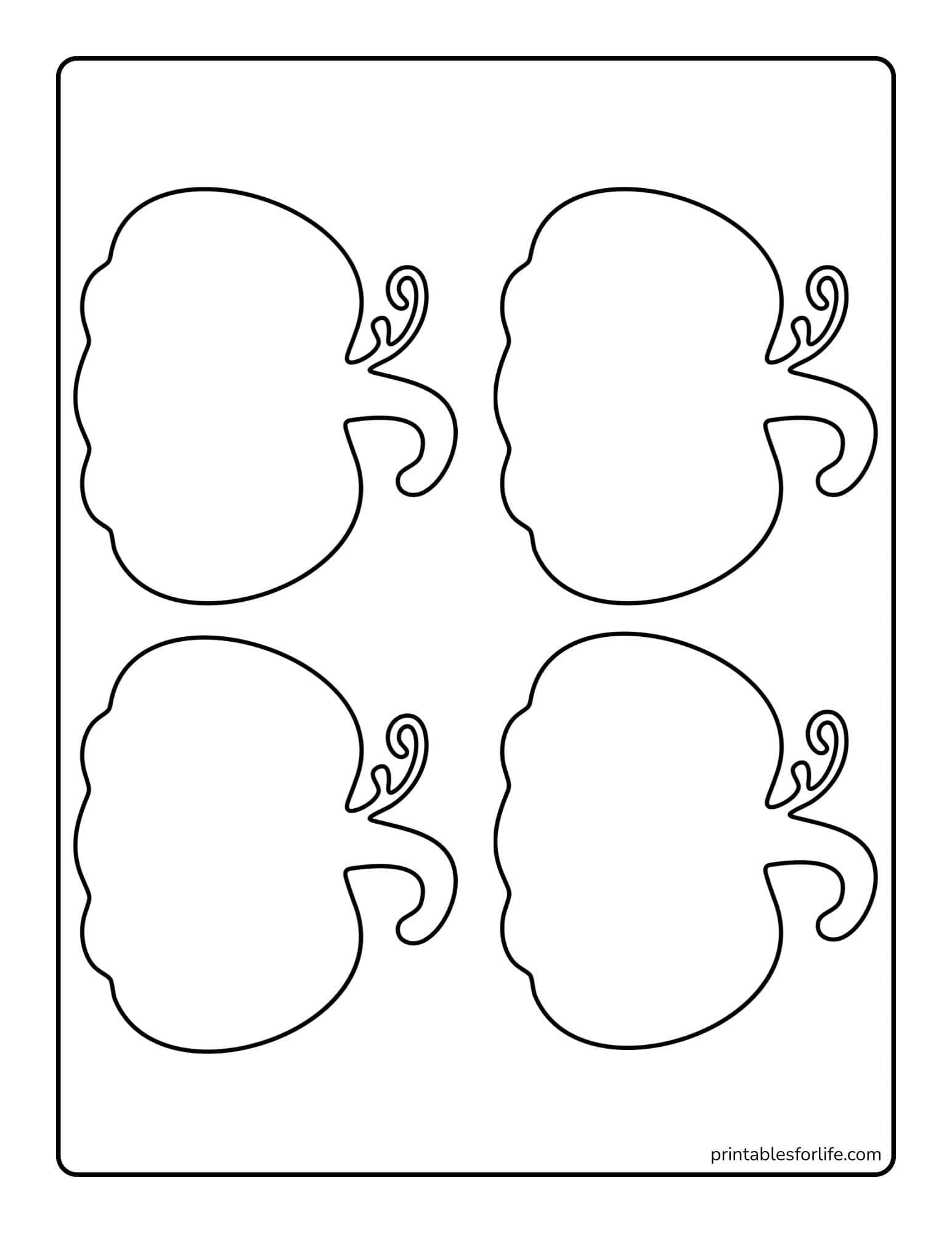 Black line art shows four stylized pumpkin silhouettes with curly stems arranged in two rows on a white rectangular page.