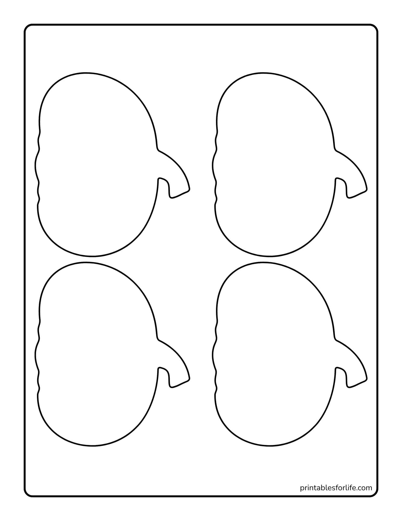 Simple black outlines of four rounded ghost shapes arranged in two rows on a white sheet with a rounded border.