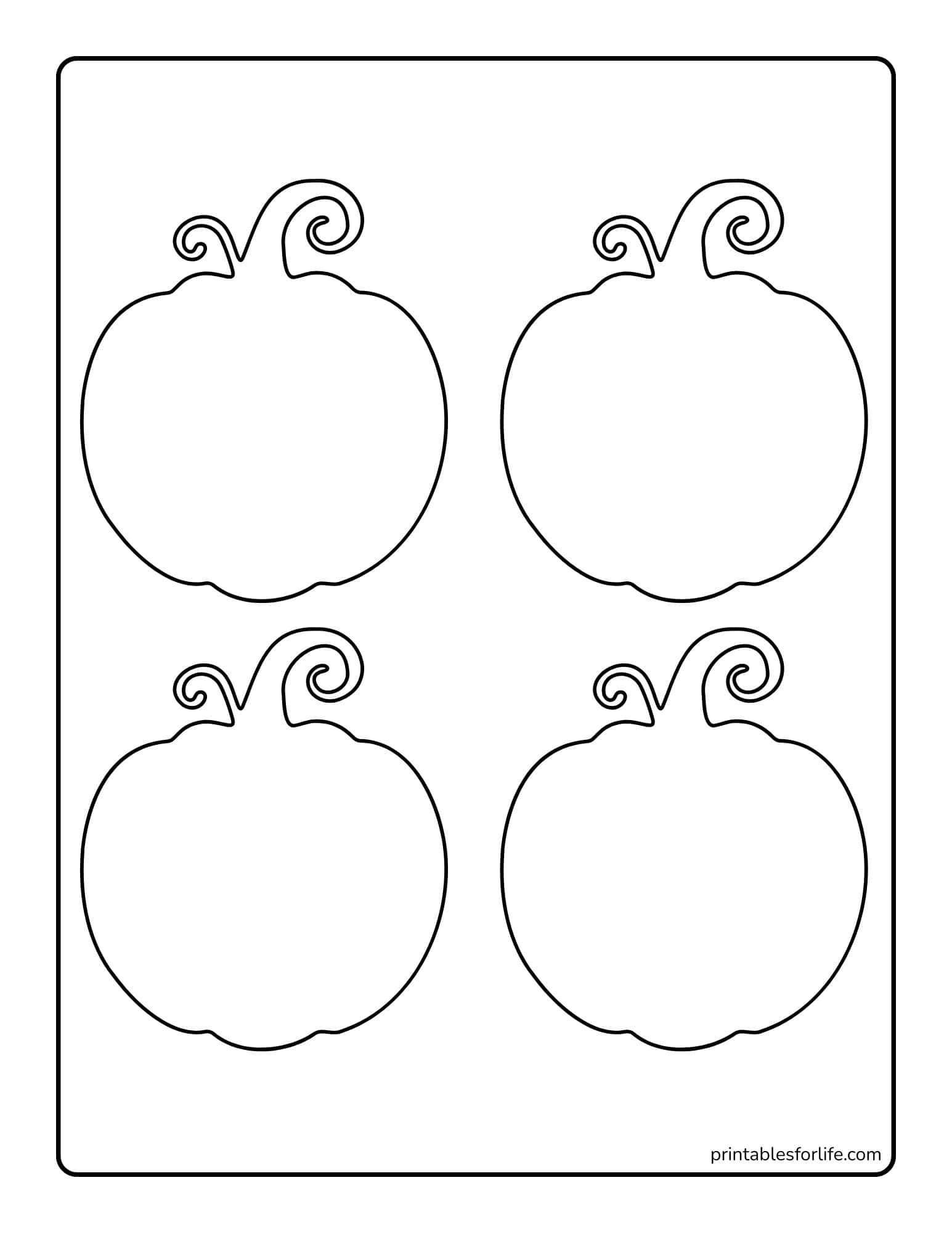 Black outline template showing four simple pumpkin shapes with curly stems arranged in two rows on a white background.