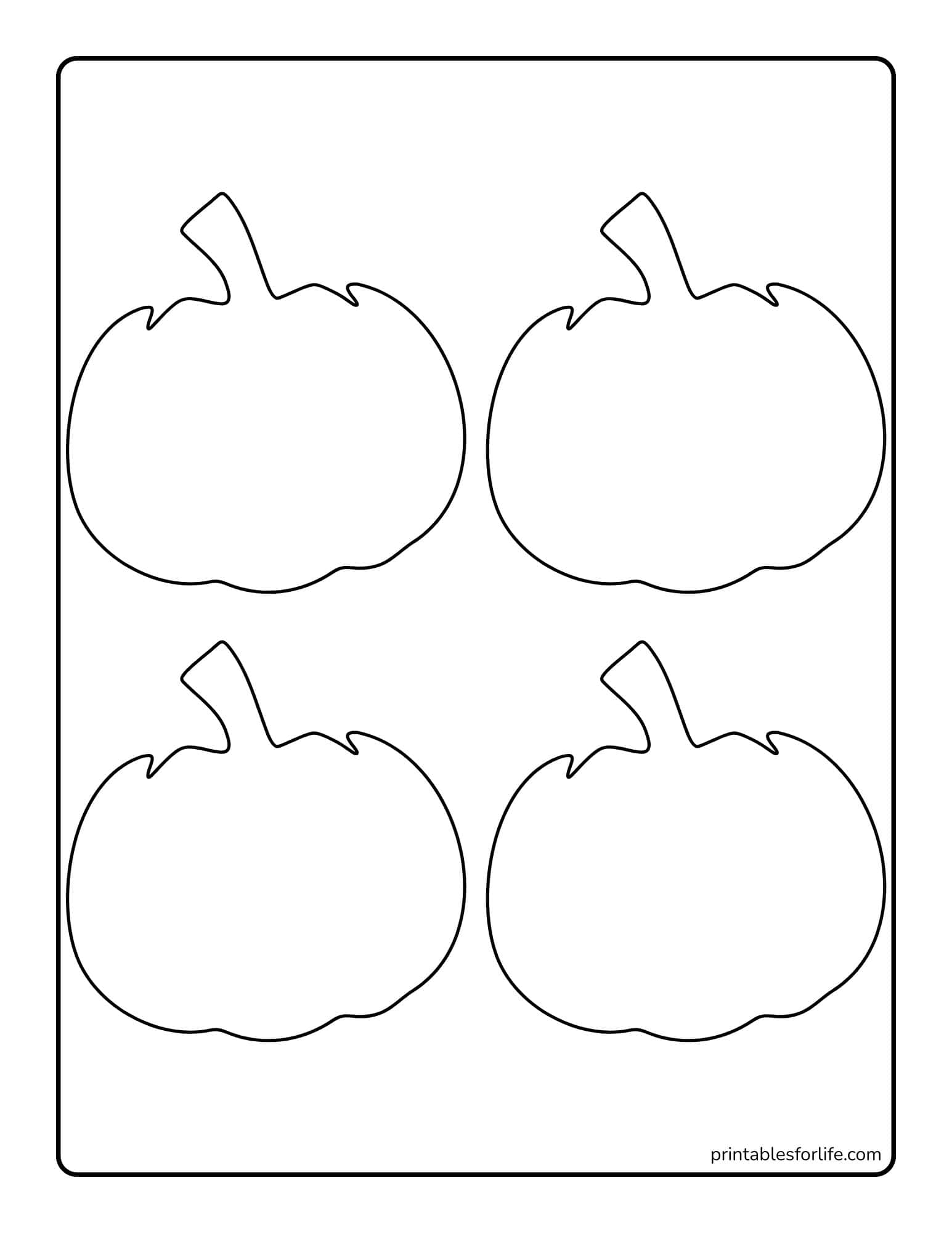 Four simple outlined pumpkin shapes arranged in two rows on a portrait worksheet with rounded border.