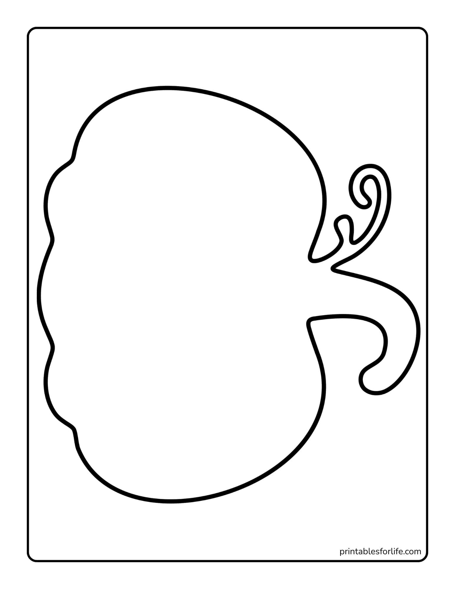 Black outline of a large stylized pumpkin or gourd shape with a curled stem on a white rectangular coloring page.