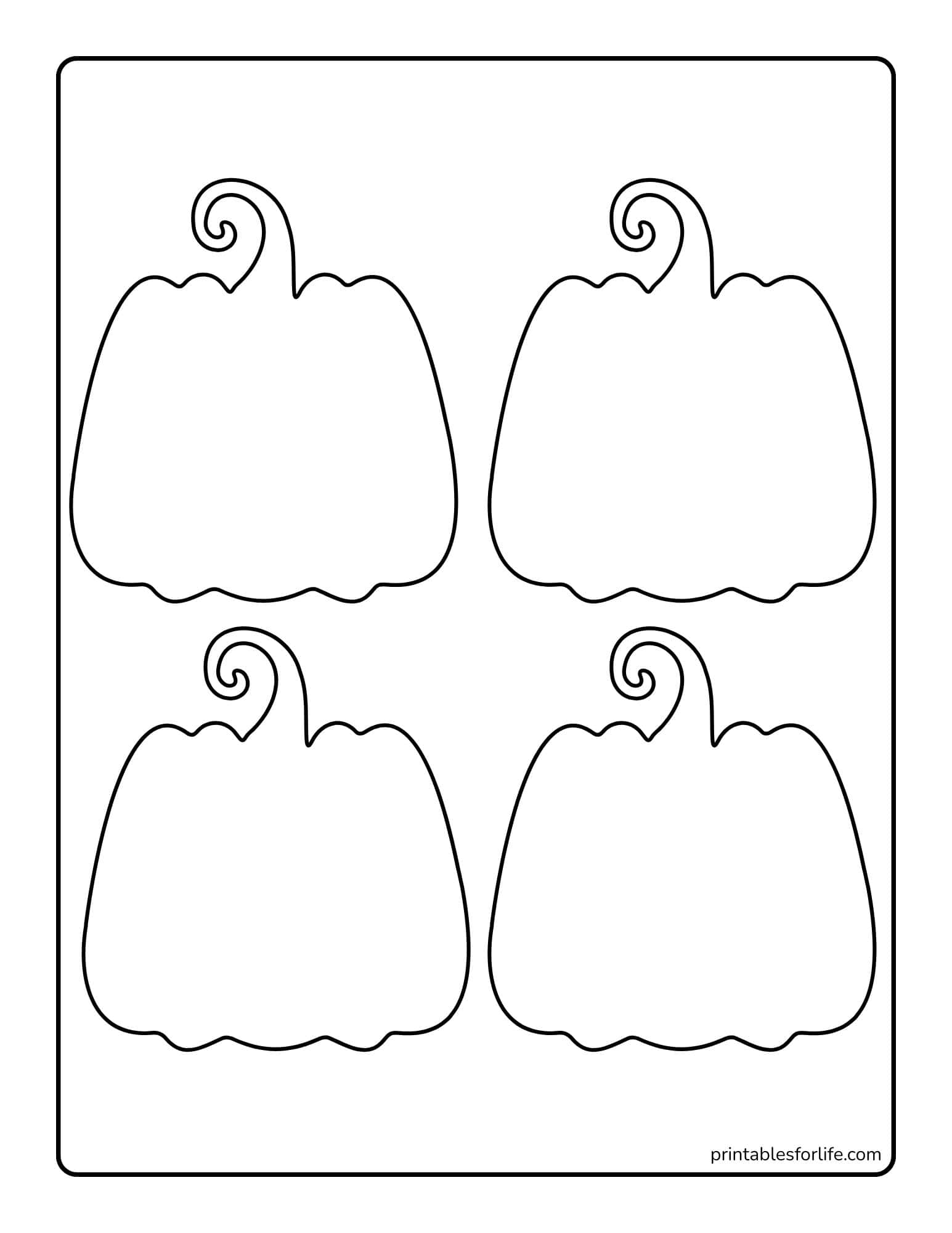 Black line-art worksheet with four blank pumpkin shapes arranged in two rows for coloring or tracing.