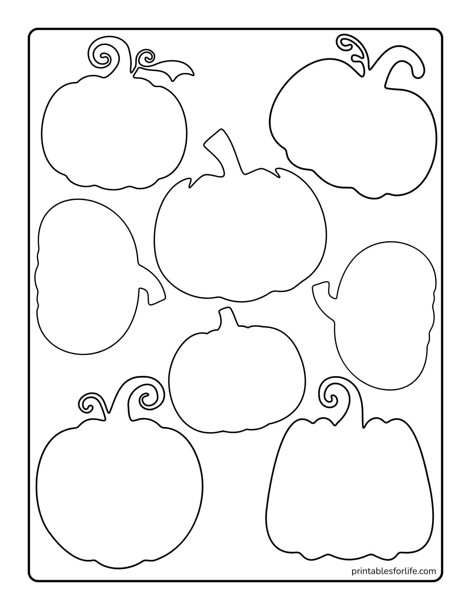 Black outline worksheet with nine pumpkin-shaped coloring spaces arranged in a three-by-three grid on a white background.