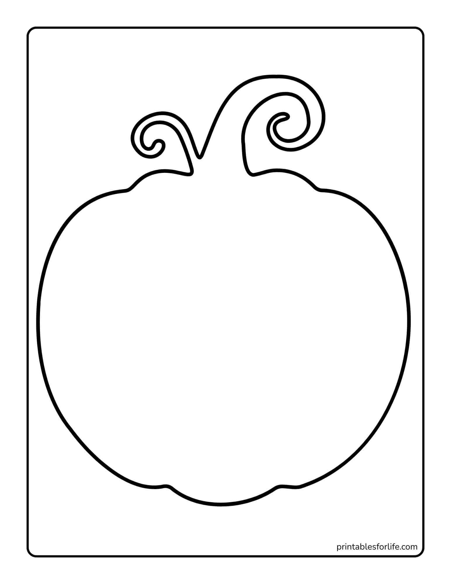 Large simple pumpkin coloring page with scalloped stem and curled tendrils centered on a bordered portrait sheet.