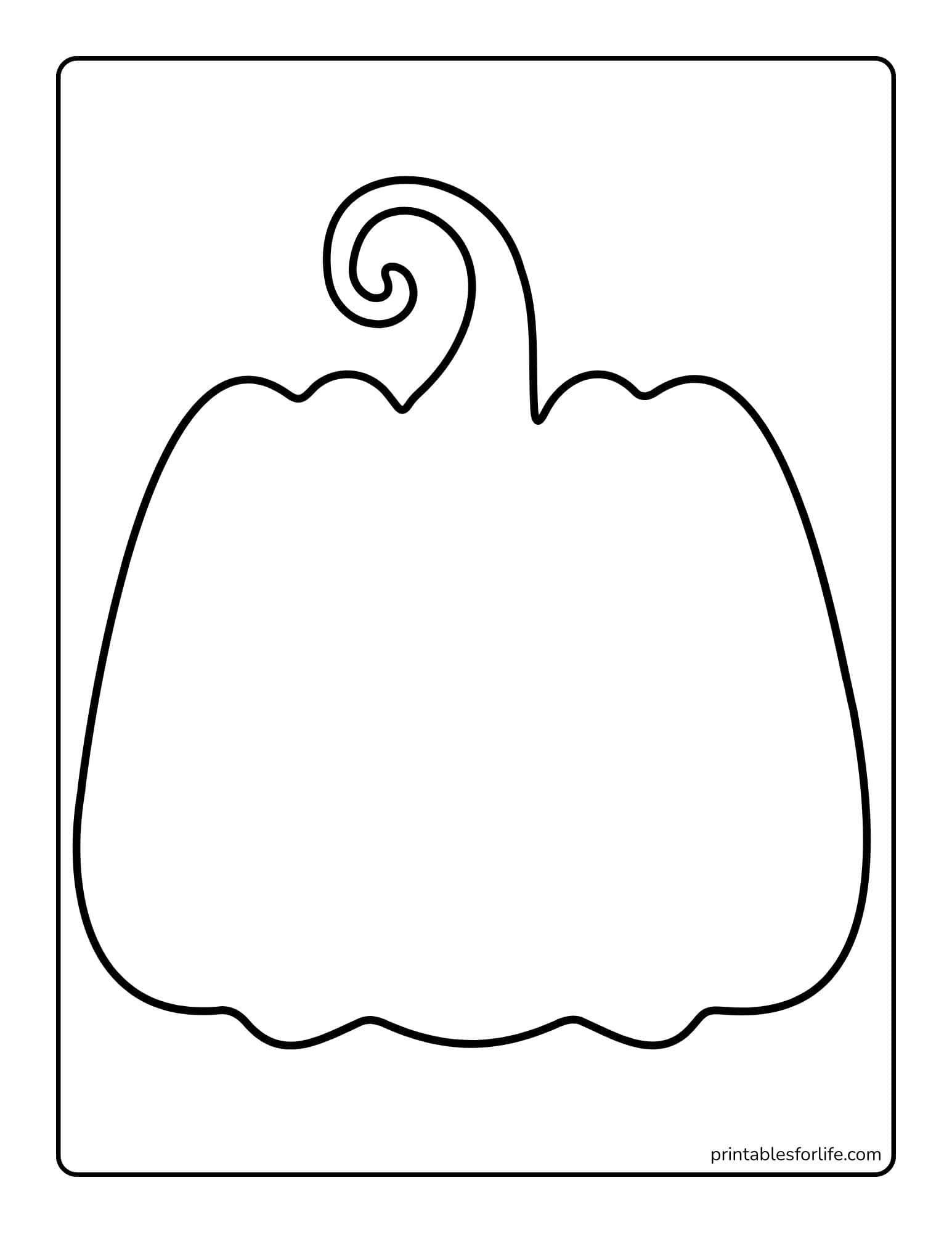 Black outline of a large stylized pumpkin with a curly stem centered on a white vertical worksheet.