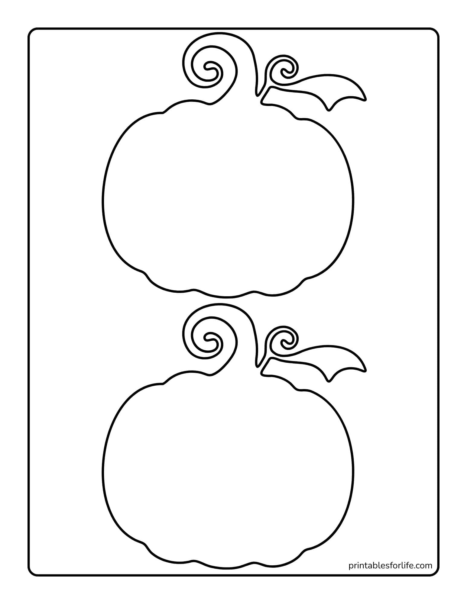 Two large simple pumpkin outlines stacked vertically with curly stems and a small leaf on a white background for coloring.