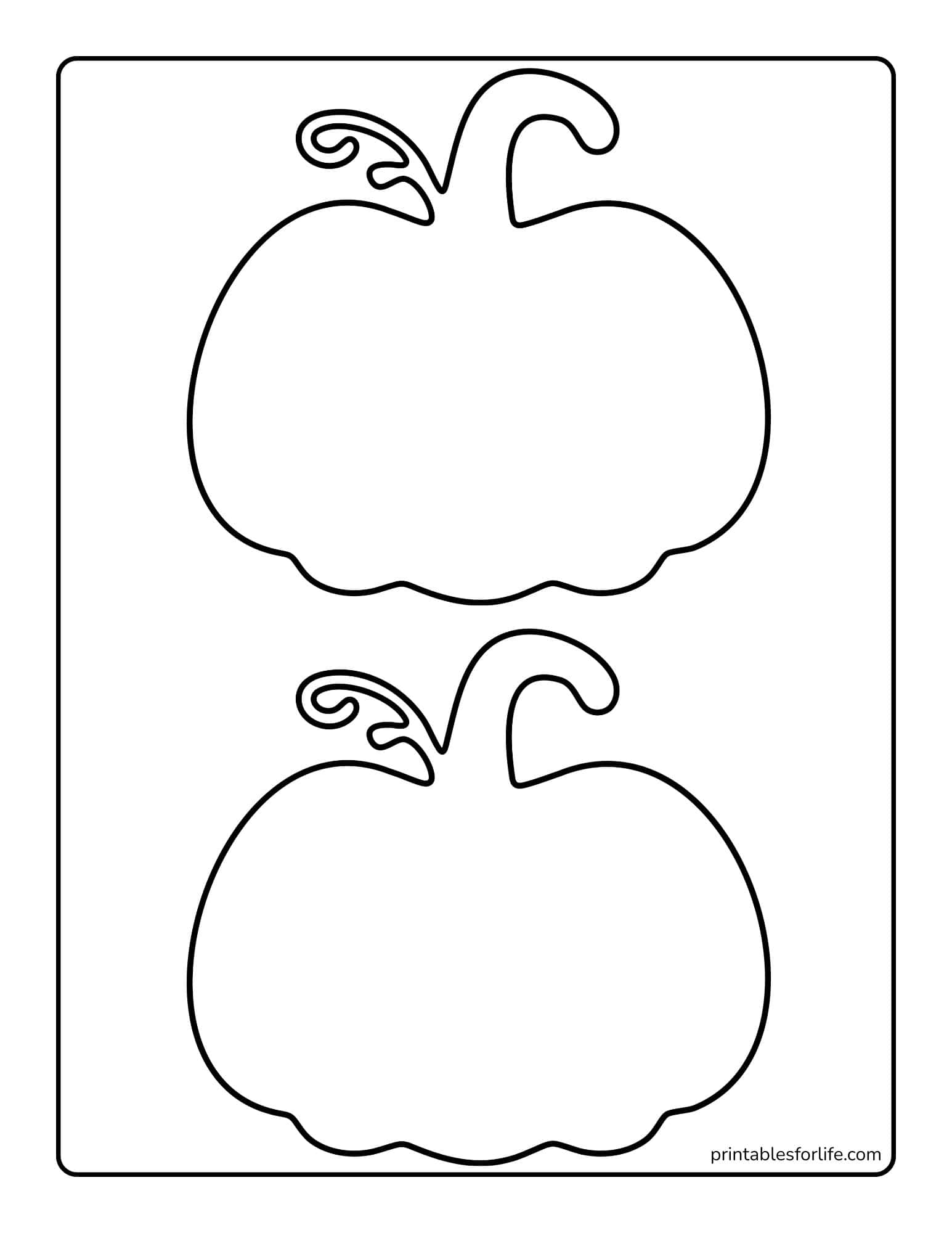Two large simple pumpkin outlines with stems and curly vine details arranged vertically on a white coloring page.