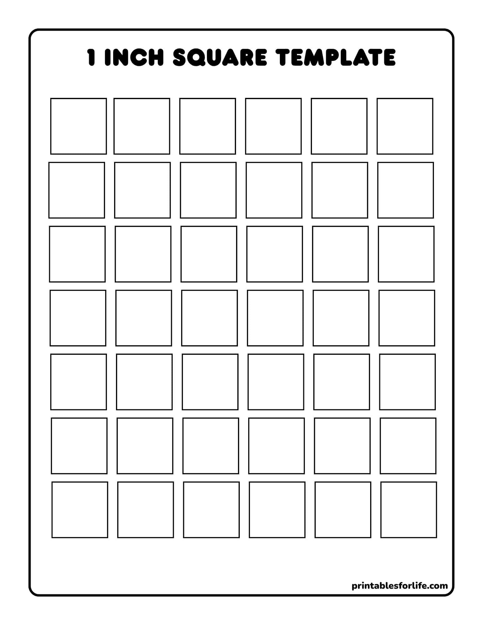 Black-and-white template sheet with a title and a grid of 1-inch outlined squares arranged in six columns and seven rows.