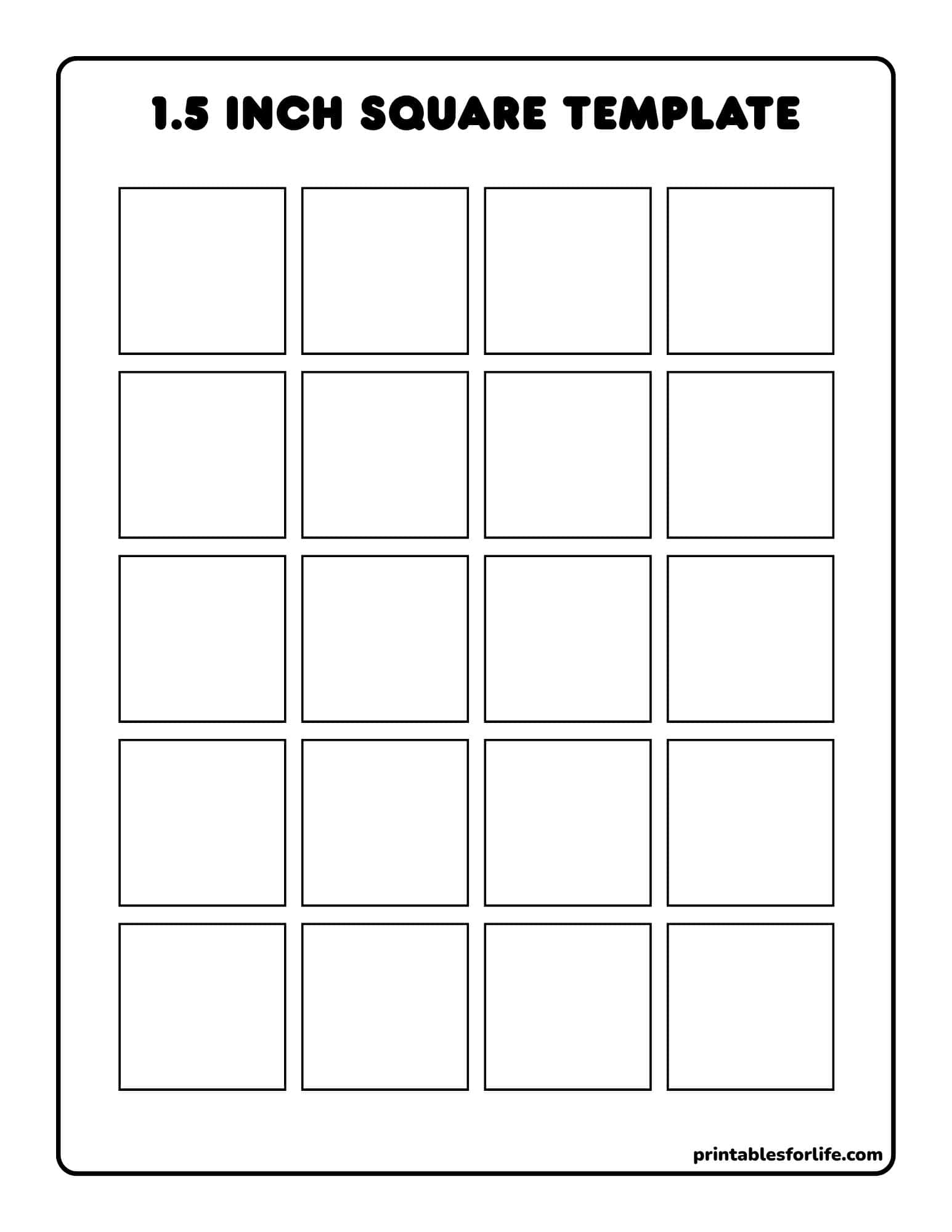 Printable page with a grid of 1.5-inch square outlines arranged in five columns and rows on a white background.