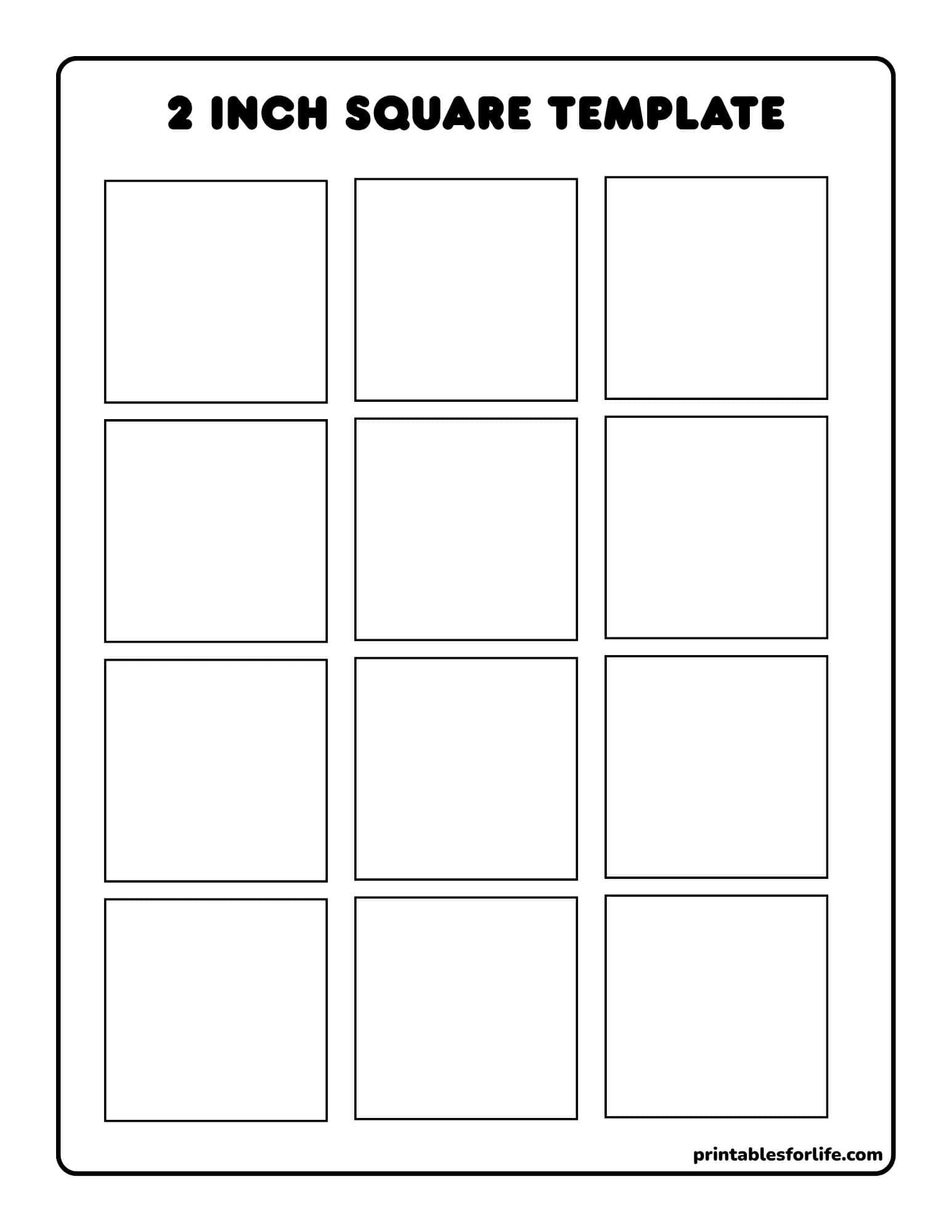 Black-and-white 2-inch square template grid with four columns by five rows of outlined squares and bold title at top.