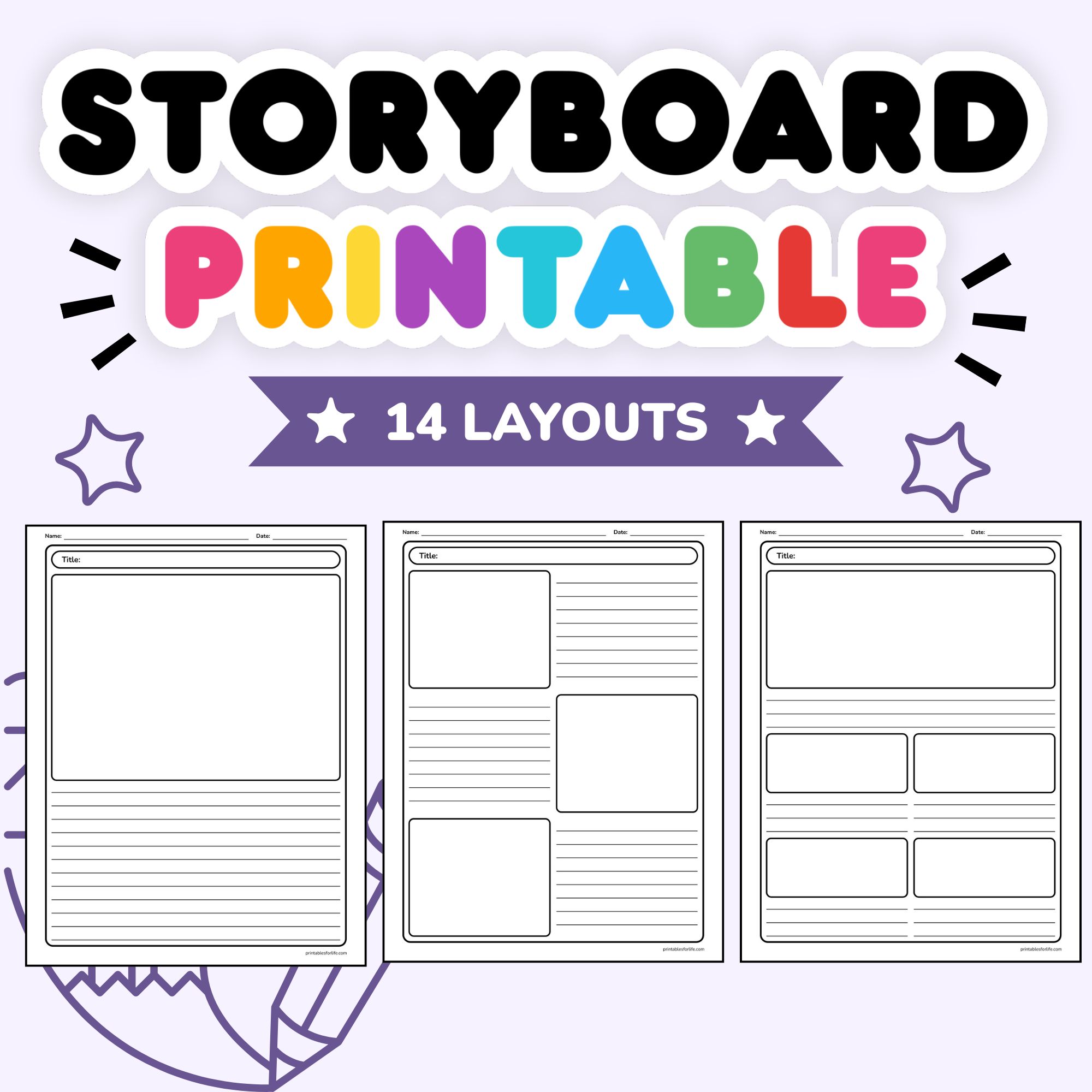 Three vertical storyboard worksheet templates with large drawing boxes and lined writing sections on a pale purple background.
