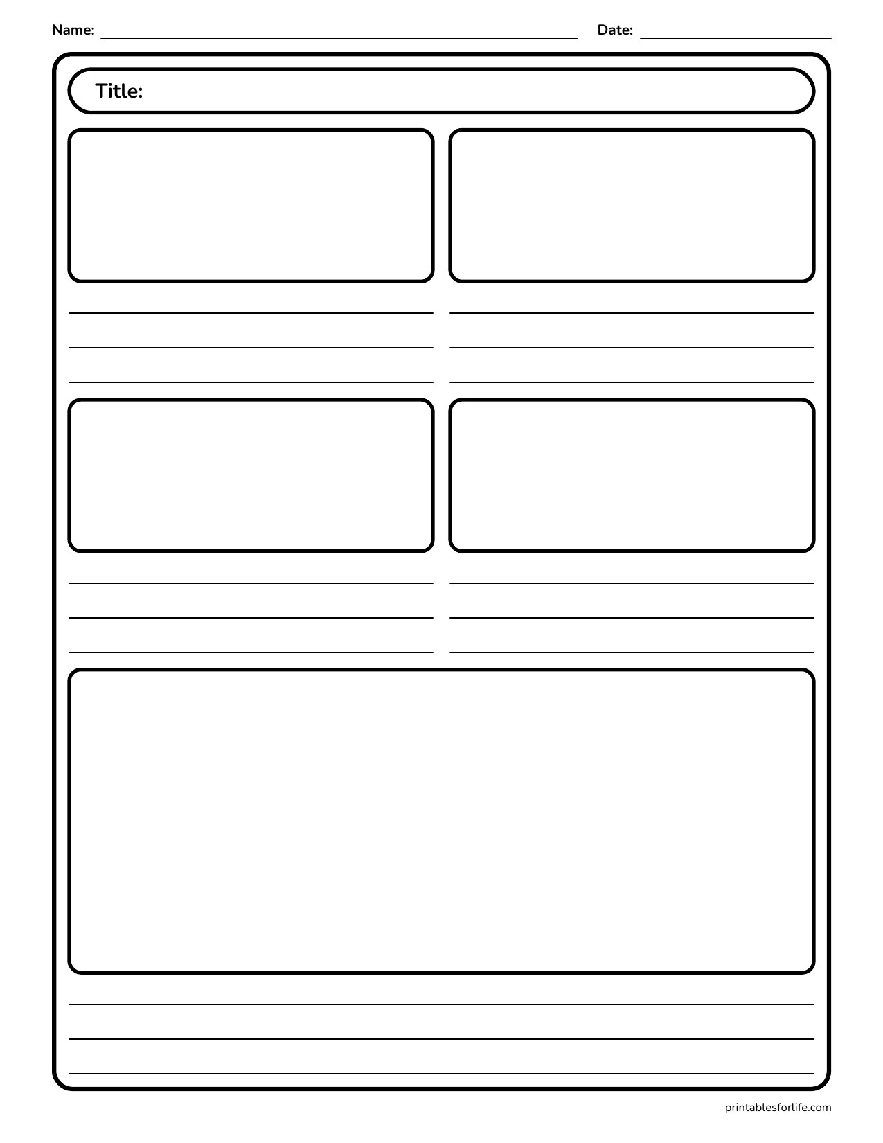 Blank vertical worksheet with title bar, two rows of paired rectangles with lines beneath, and a large bottom rectangle for drawing or writing.