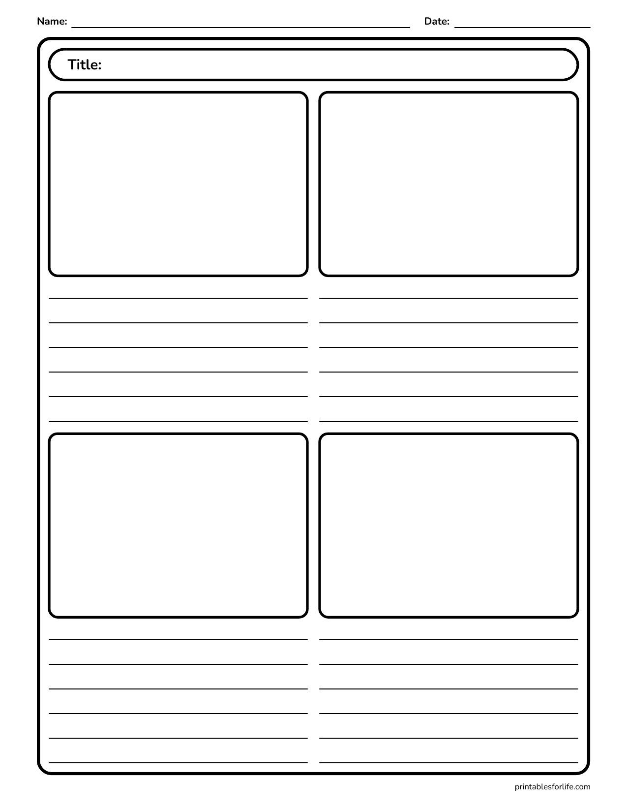 Blank worksheet layout with a title bar, two top illustration boxes, two bottom illustration boxes, and lined writing sections beside each.