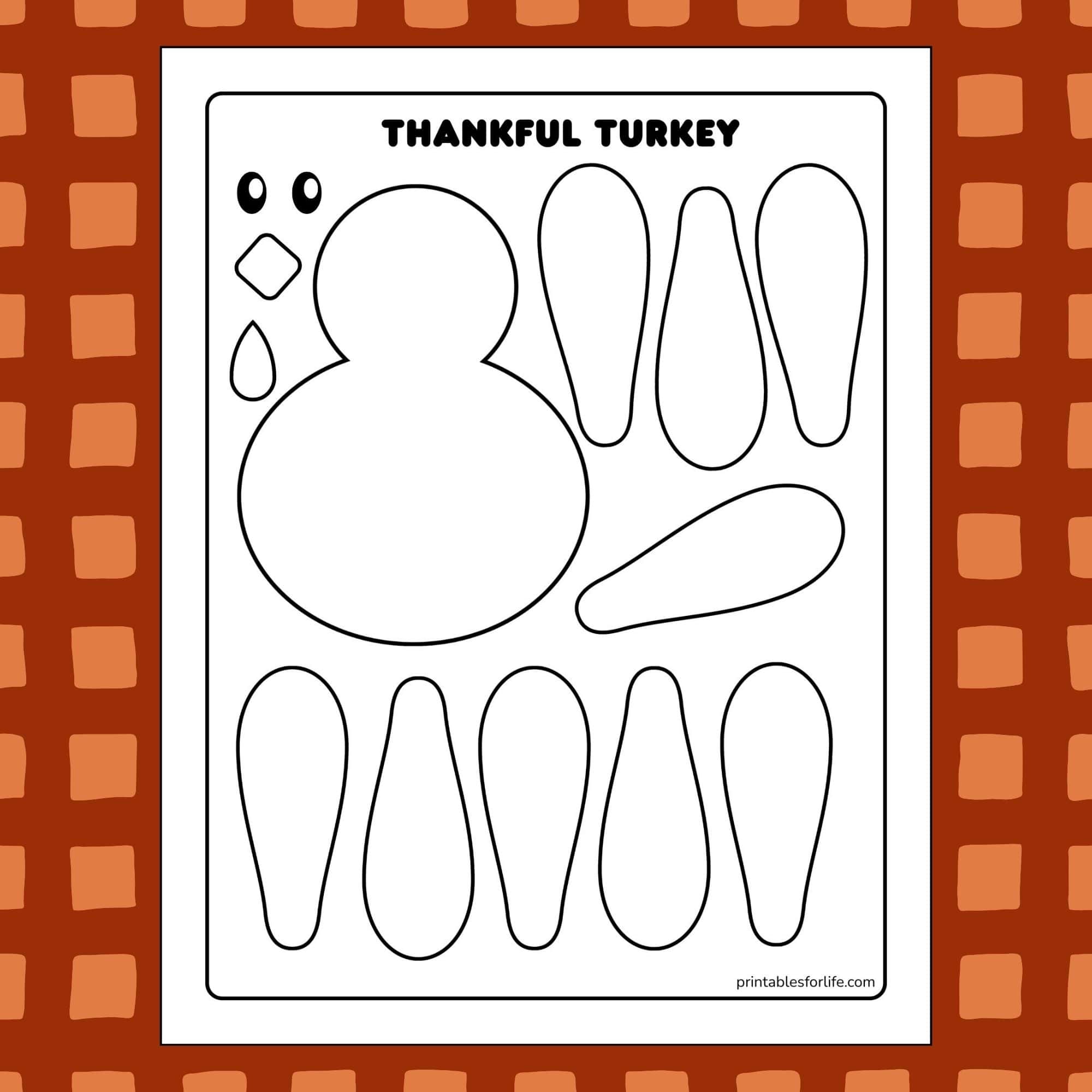 Black-and-white turkey craft template with labeled title, body and feather outlines on a bordered sheet.