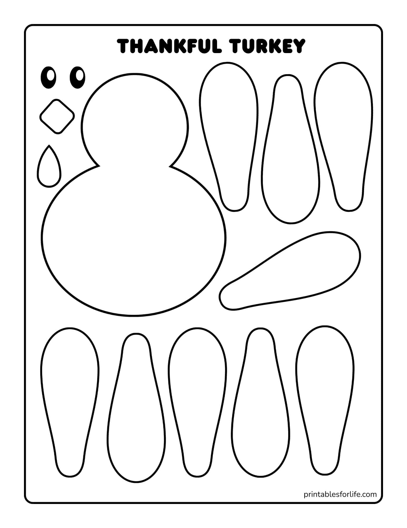 Black-and-white turkey craft template with rounded body shapes, multiple feather teardrops, eyes, beak, and title text.