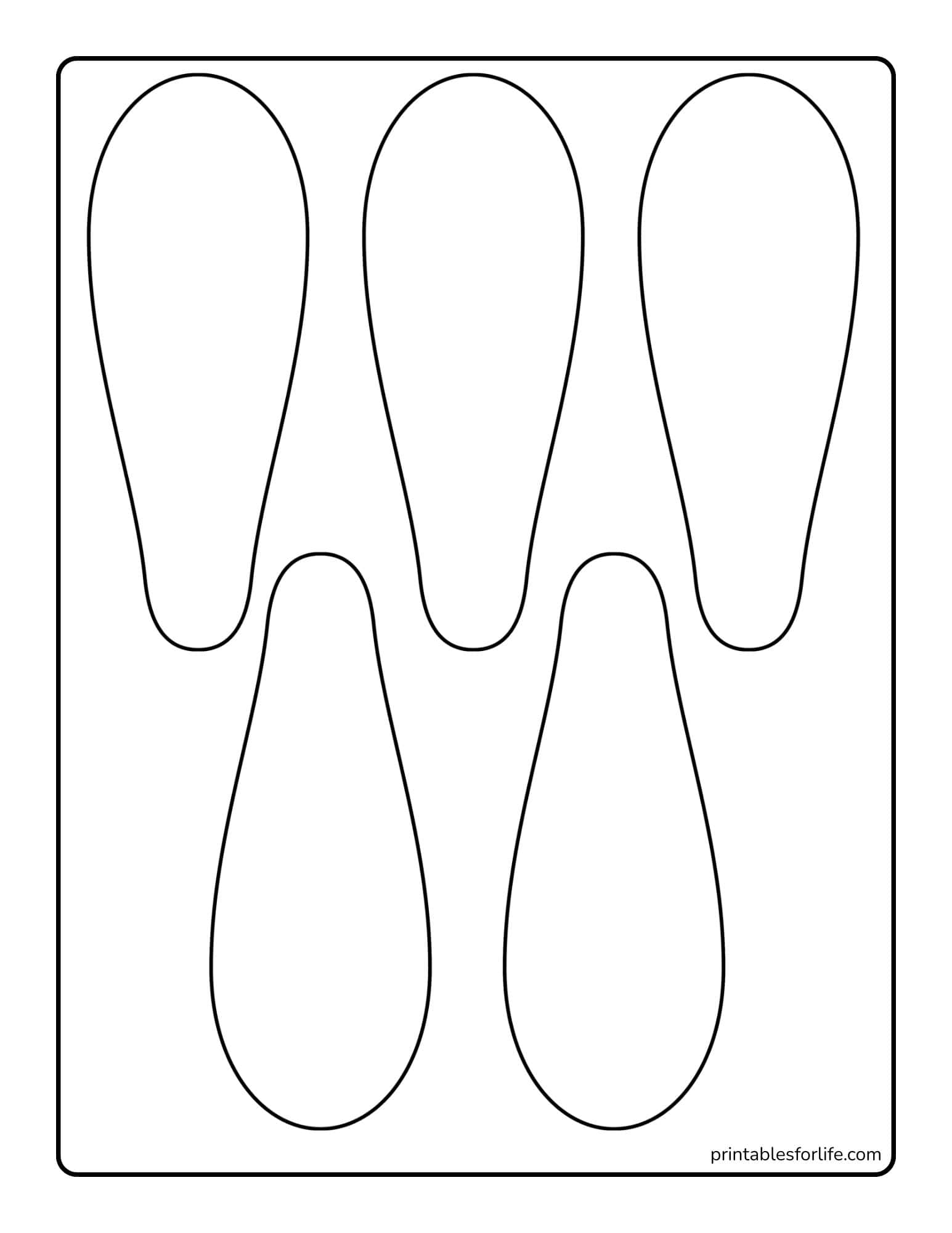 Black outlined sheet with six large droplet-shaped cutouts arranged in two vertical columns on a white background.
