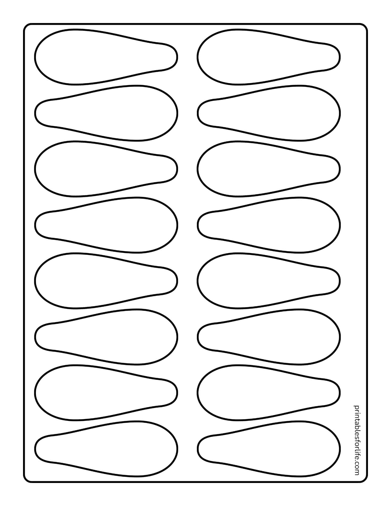 Black-outlined teardrop shapes arranged in four columns and five rows on a white rectangular sheet with rounded border.