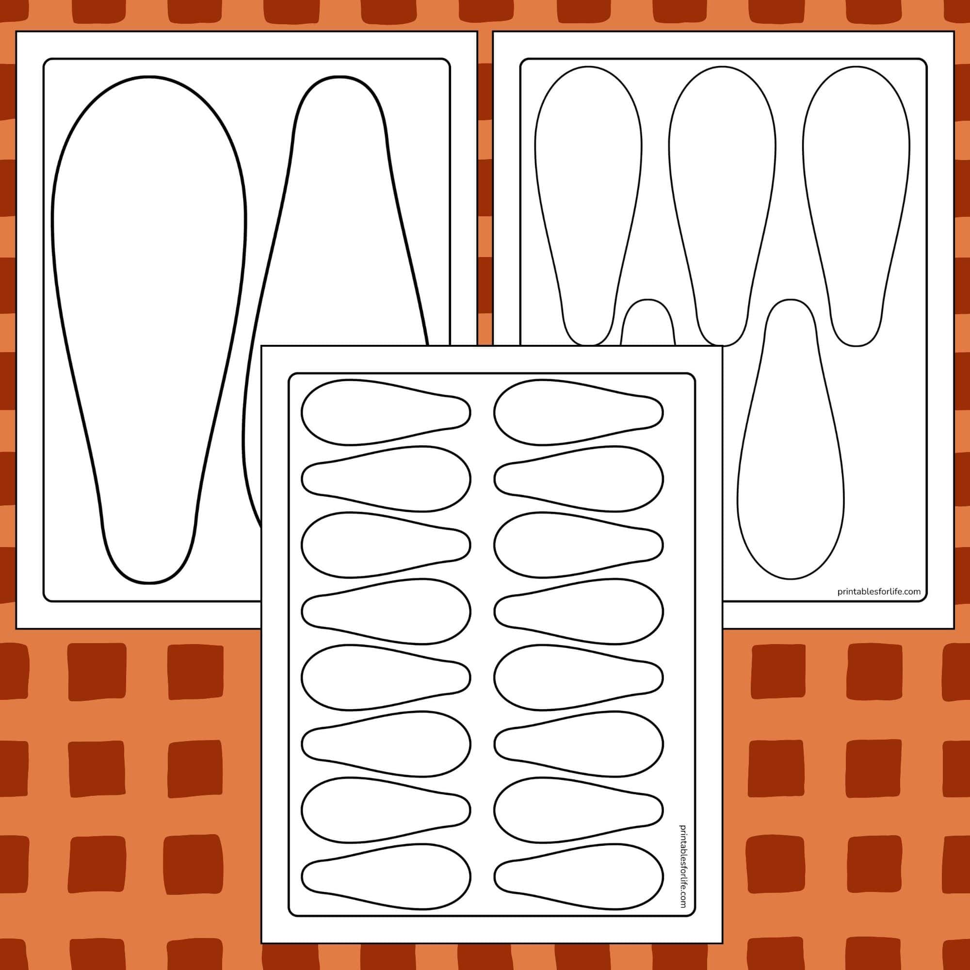 Black outlined slipper and flip‑flop shape templates arranged on white sheets over an orange checkered background.