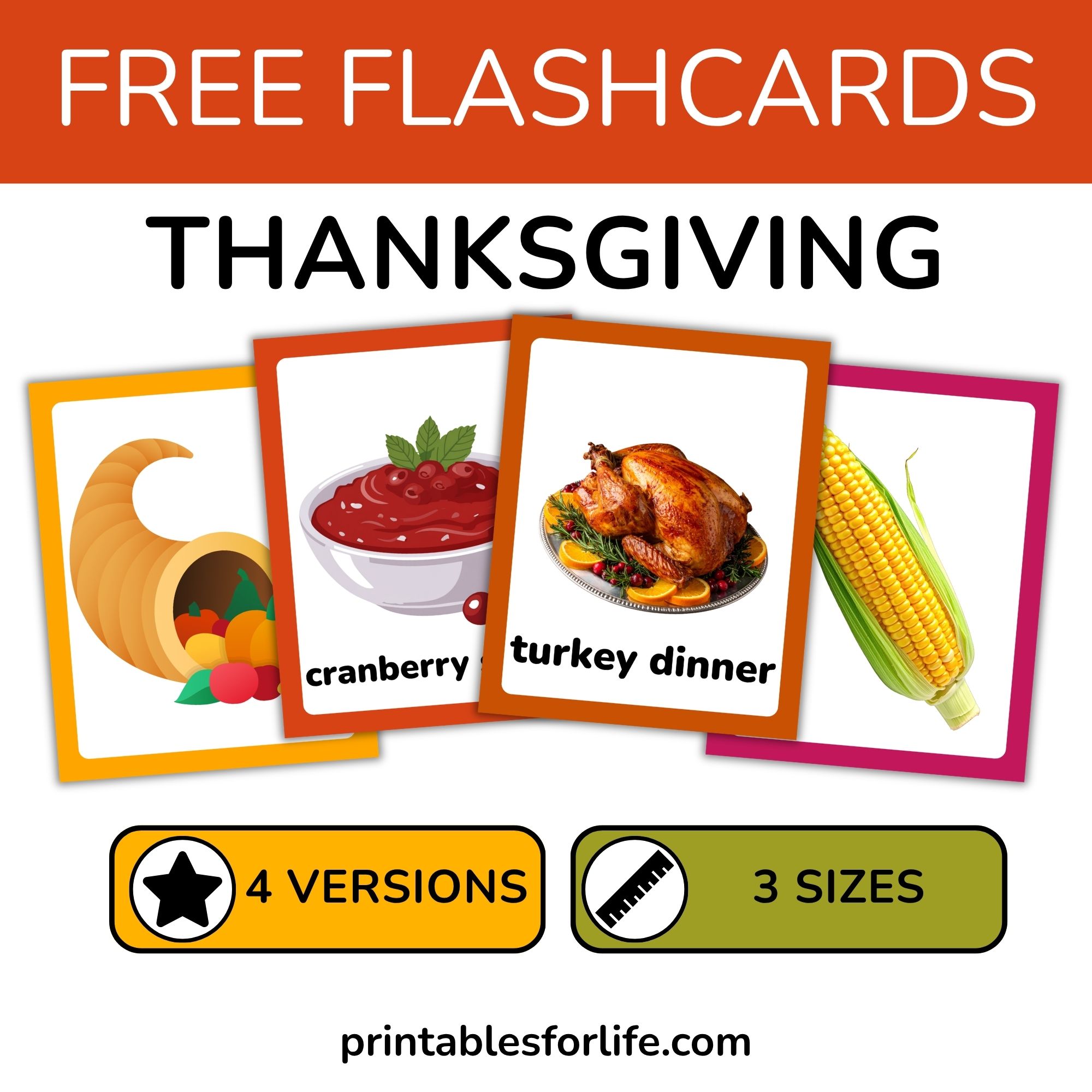 Bright Thanksgiving-themed flashcard set header with stacked illustrated cards showing cornucopia, cranberry sauce, turkey, and corn.