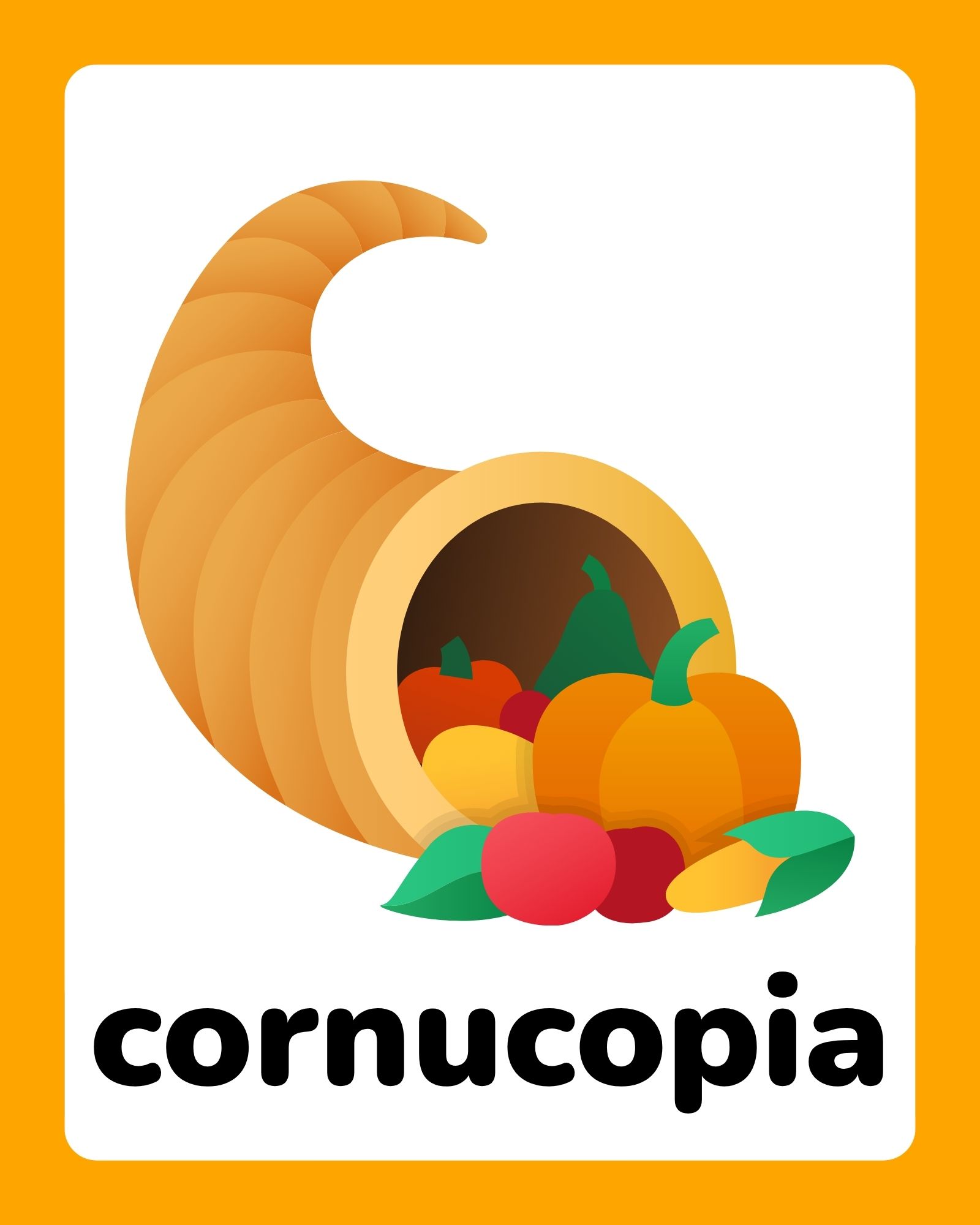 A cornucopia with pumpkins, gourds, apples and leaves spilling from its horn on a white card with orange border.