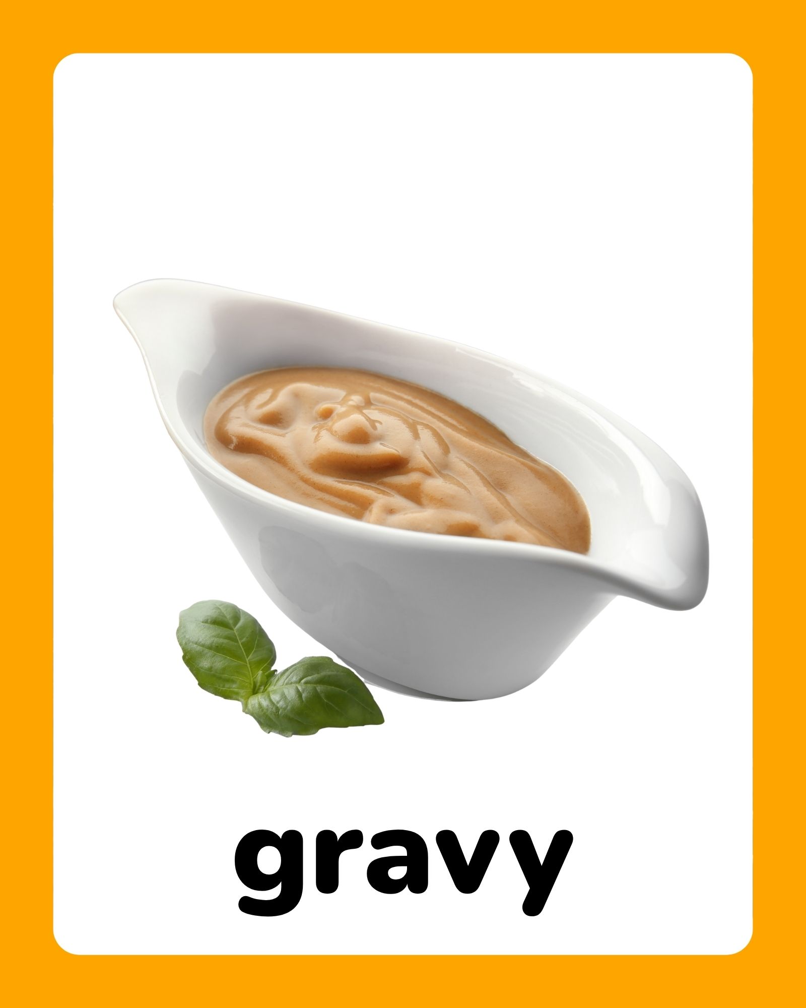 White gravy boat filled with smooth brown gravy tilted above basil leaves on a white card with bold black 'gravy' text at bottom.