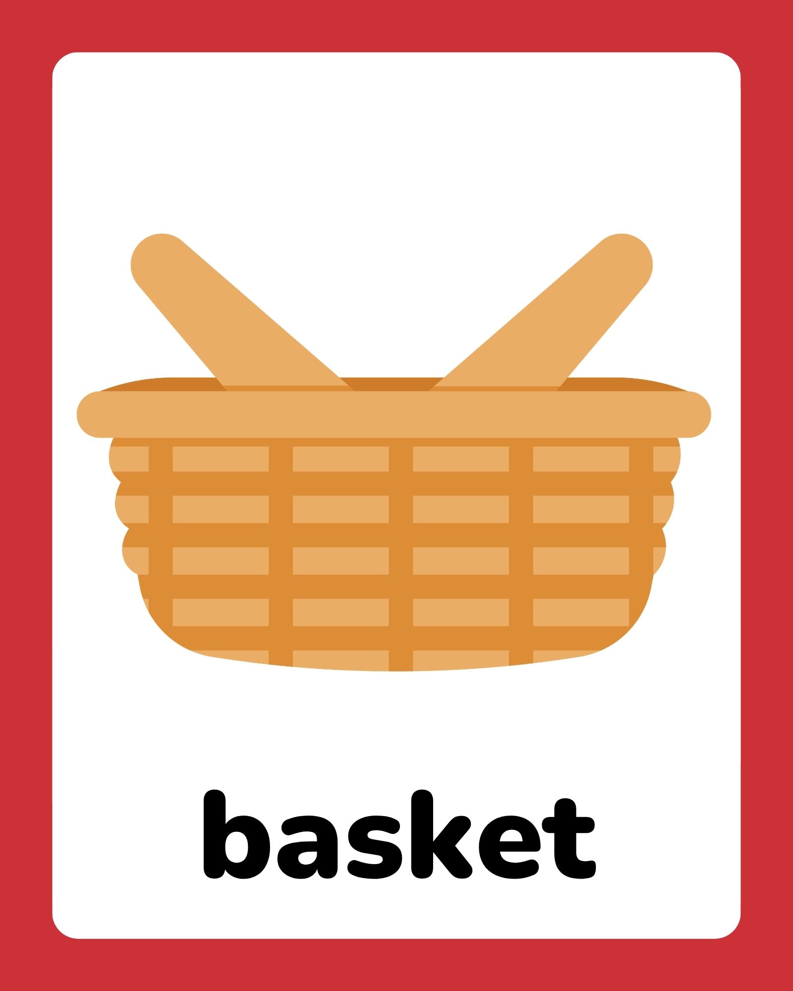 Simple flat-style tan woven picnic basket with two handles centered on a white card with red border.
