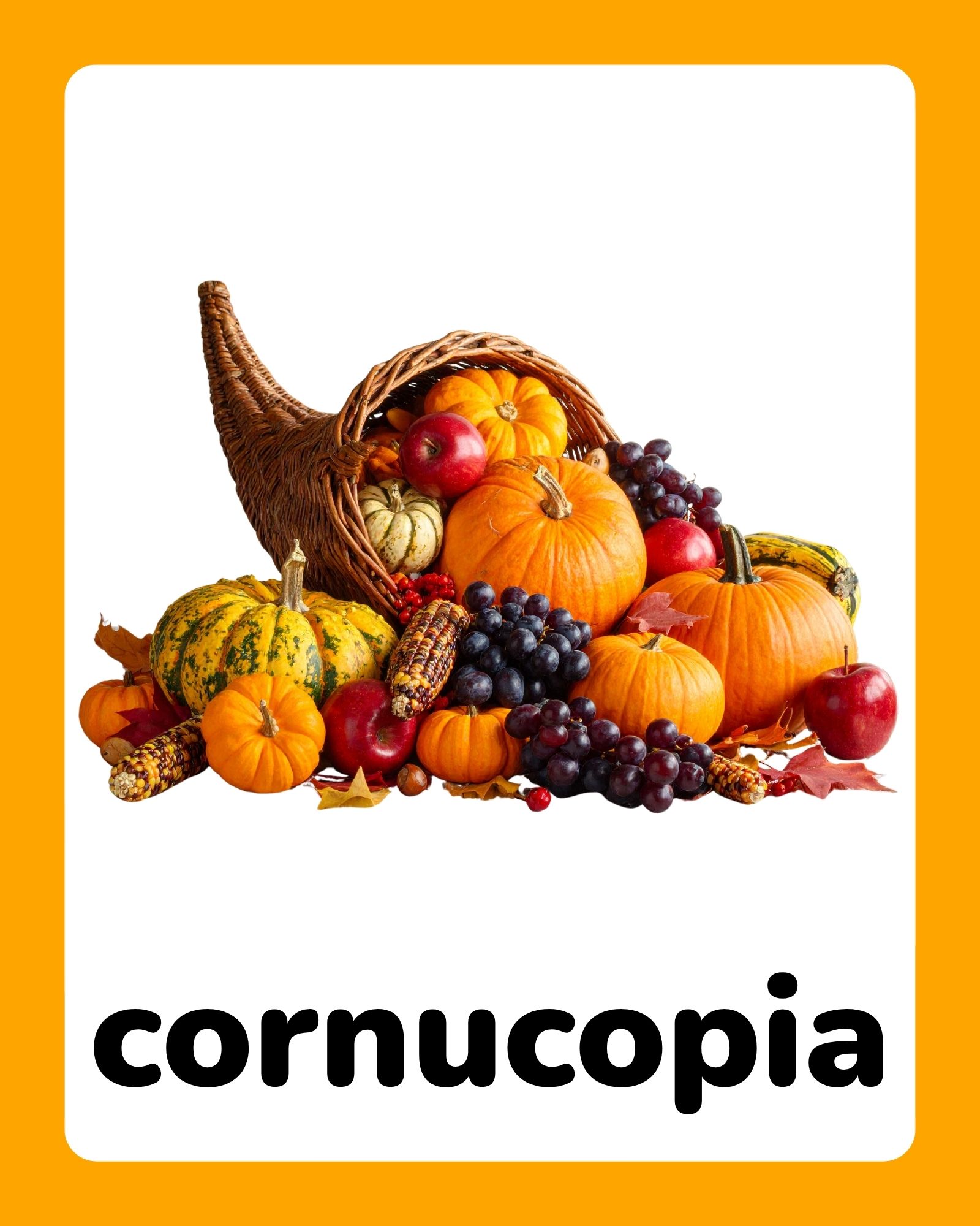 A cornucopia overflowing with pumpkins, gourds, apples, grapes and autumn leaves on a white card with orange border.
