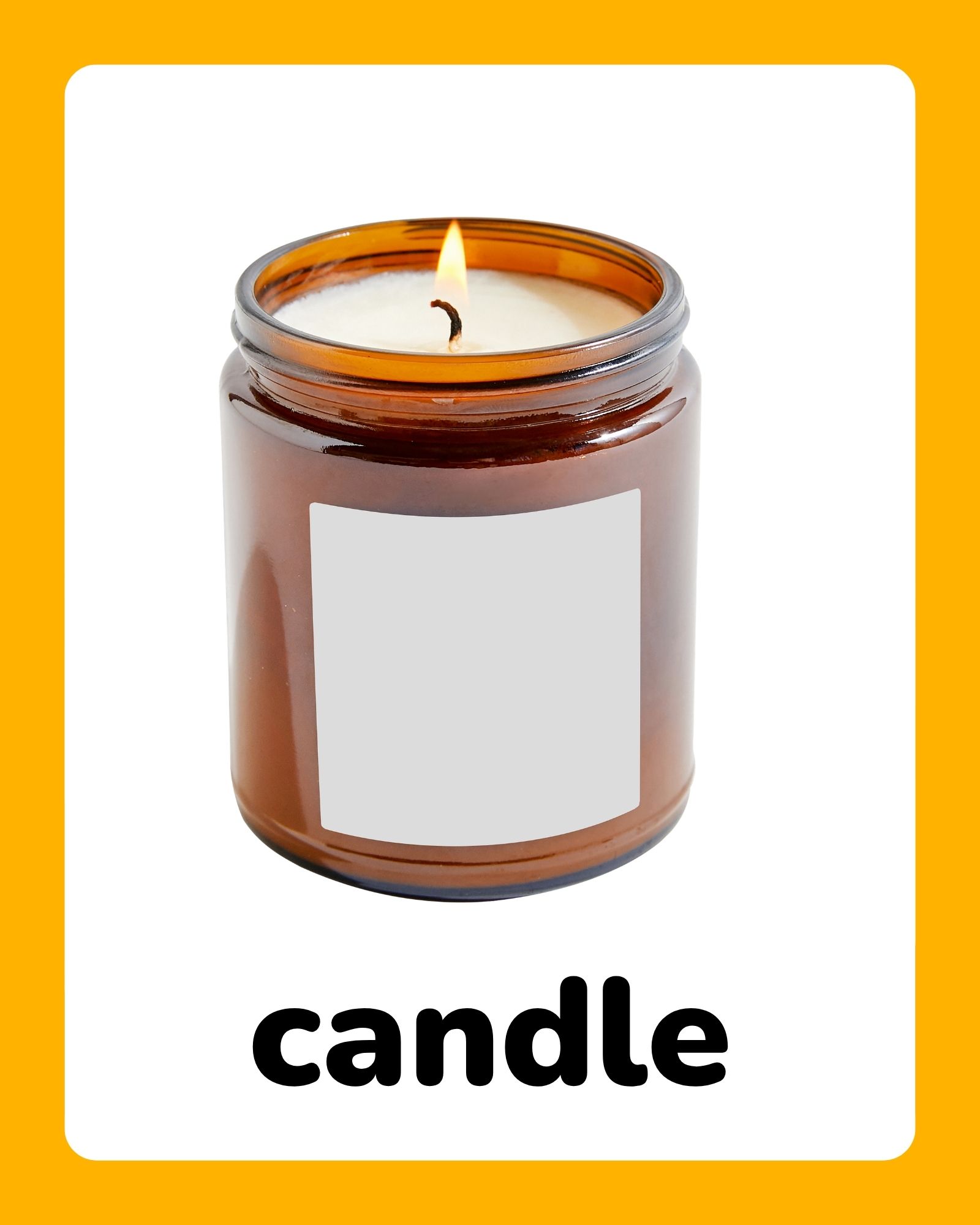 Lit brown glass jar candle with a small flame centered on a white background and bold text below.