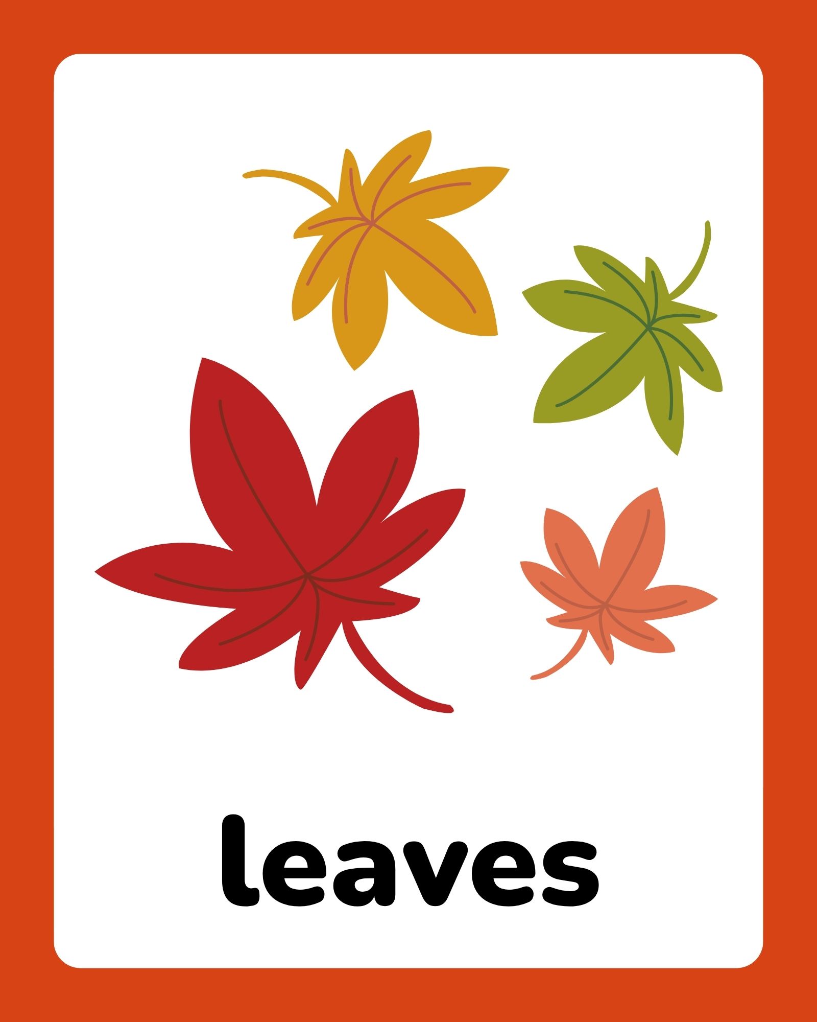 White card with rounded corners showing colorful stylized autumn leaves and large bold text 'leaves' near the bottom.
