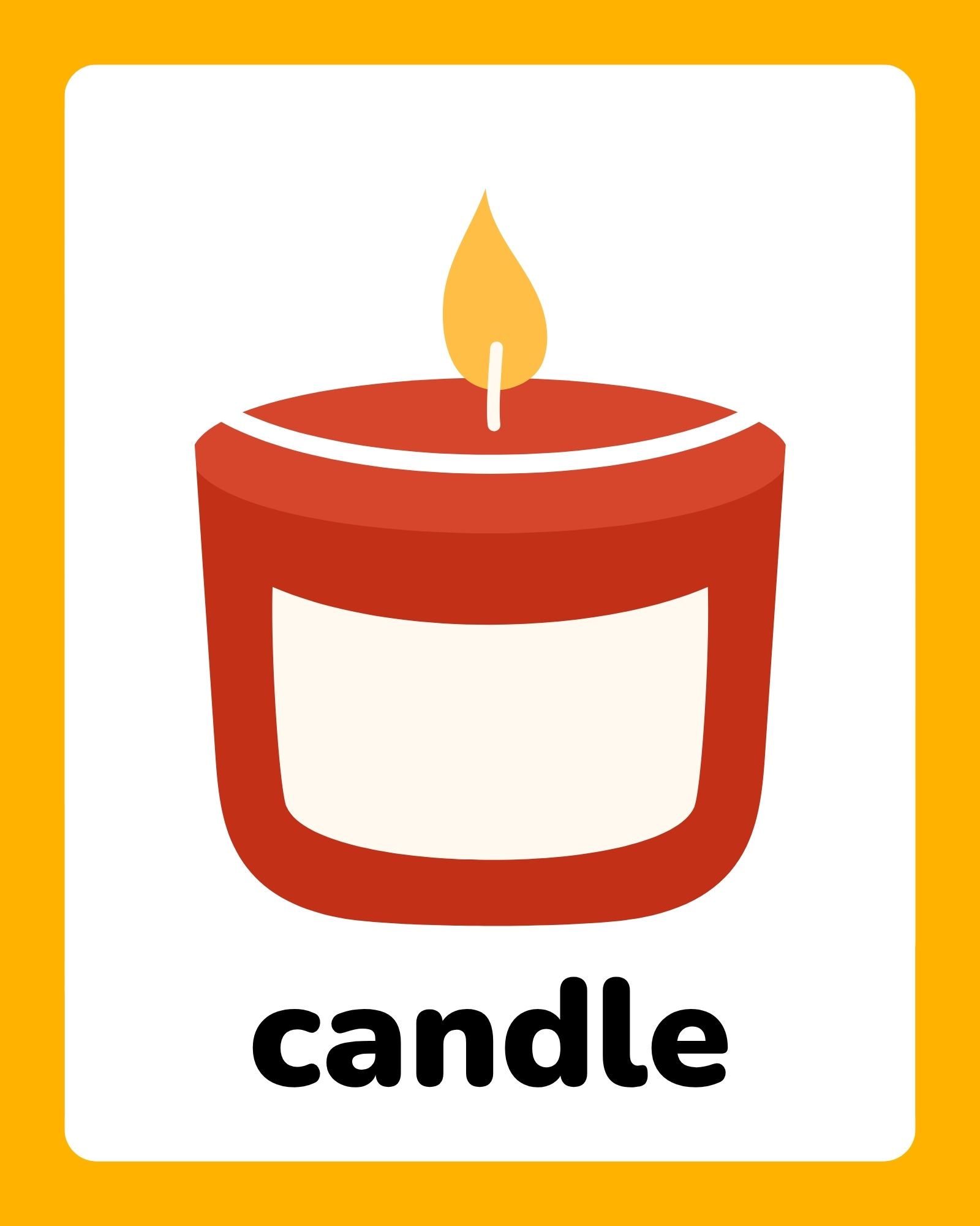 Top-centered red candle with a small yellow flame on a white card framed by yellow borders, word ‘candle’ below.