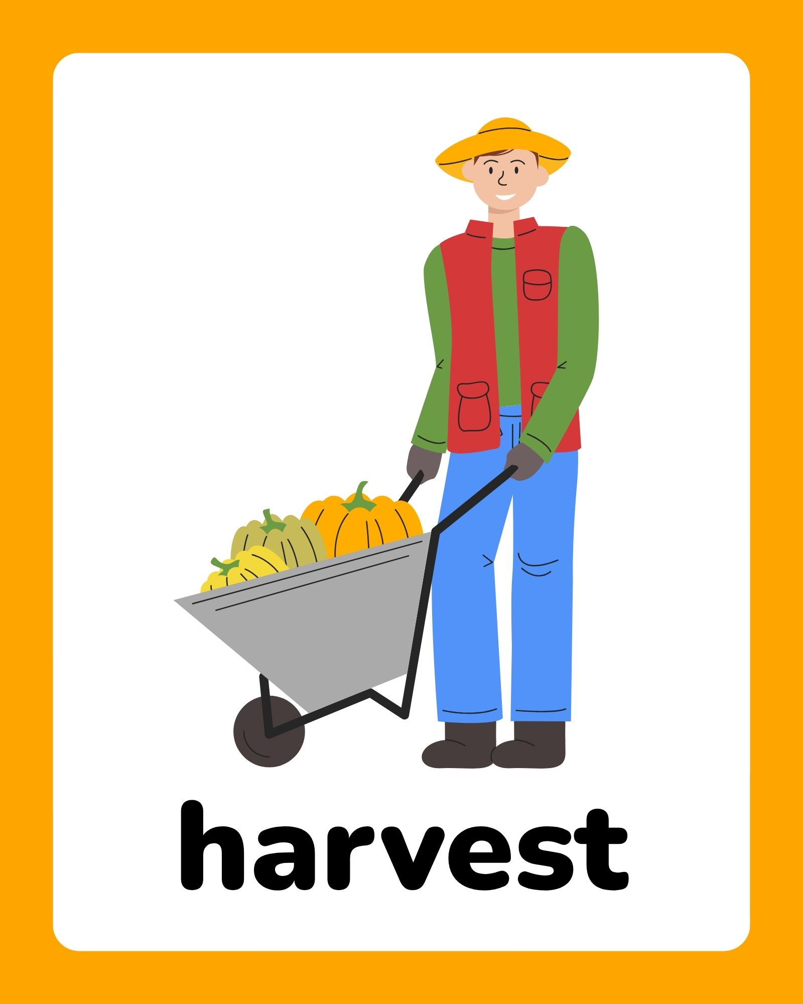 Smiling farmer pushing a wheelbarrow full of pumpkins wearing a yellow hat, red vest and blue pants on white background.