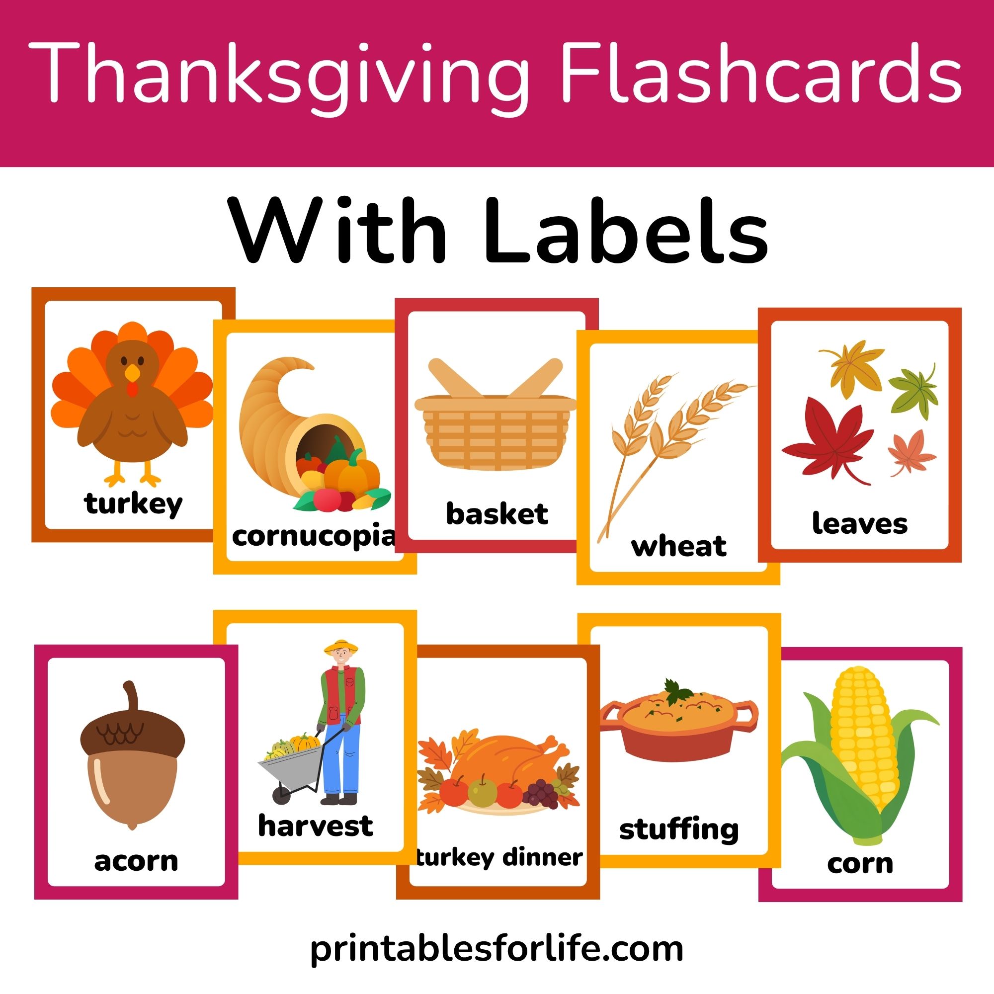 Colorful Thanksgiving flashcard layout showing labeled cards with turkey, cornucopia, basket, wheat, leaves, acorn, harvest, turkey dinner, stuffing, and corn.