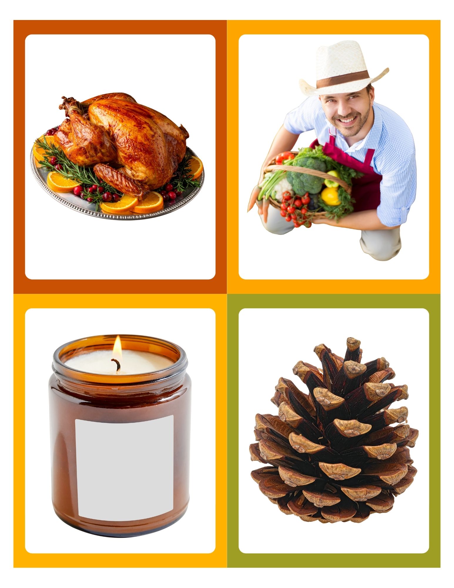 Four-panel grid with a roast turkey, a smiling farmer holding a vegetable basket, a lit brown jar candle, and a large pinecone, each on white tiles with colored borders.